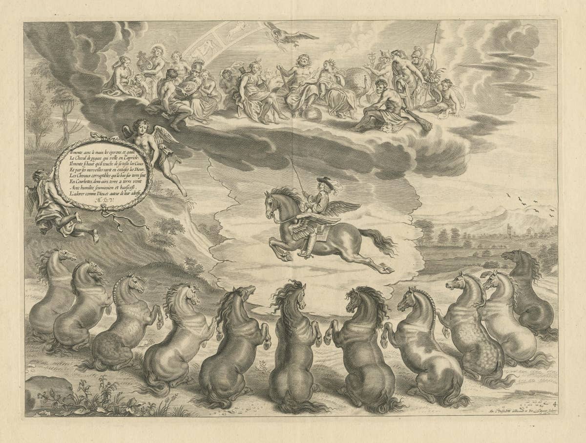 Antique Print of William Cavendish on the Winged Horse Pegasus