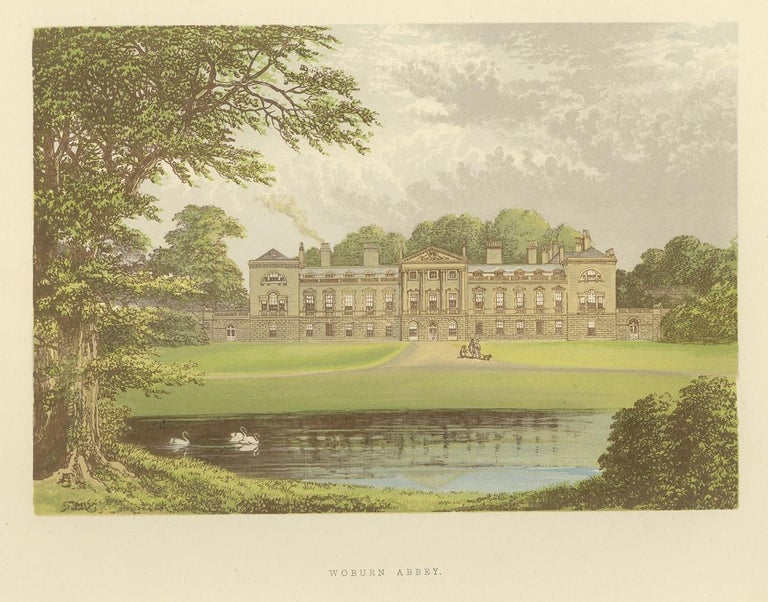 Antique print titled 'Woburn Abbey'. Color printed woodblock of Woburn Abbey, a historic house on the border of Buckinghamshire and Bedfordshire. This print originates from 'Picturesque Views of Seats of Noblemen and Gentlemen of Great Britain and