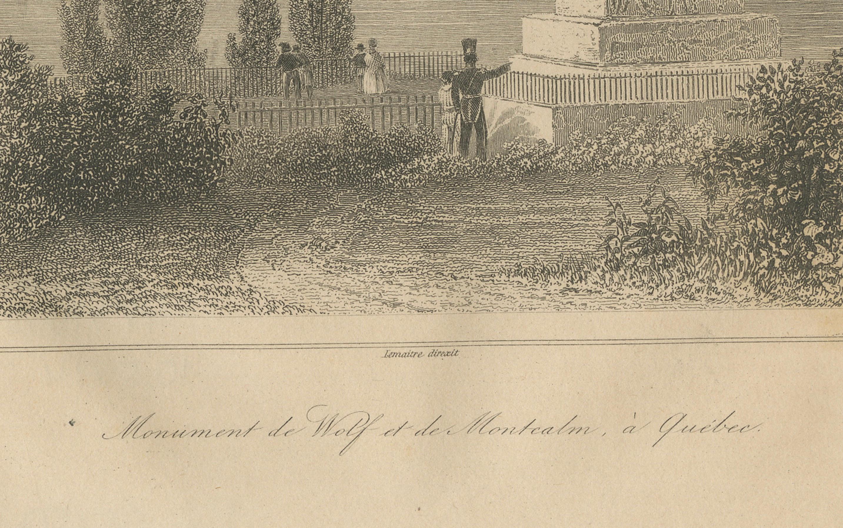 Français Gravure ancienne du monument à WOLFS et Montcalm - Québec, Canada, c.C. en vente