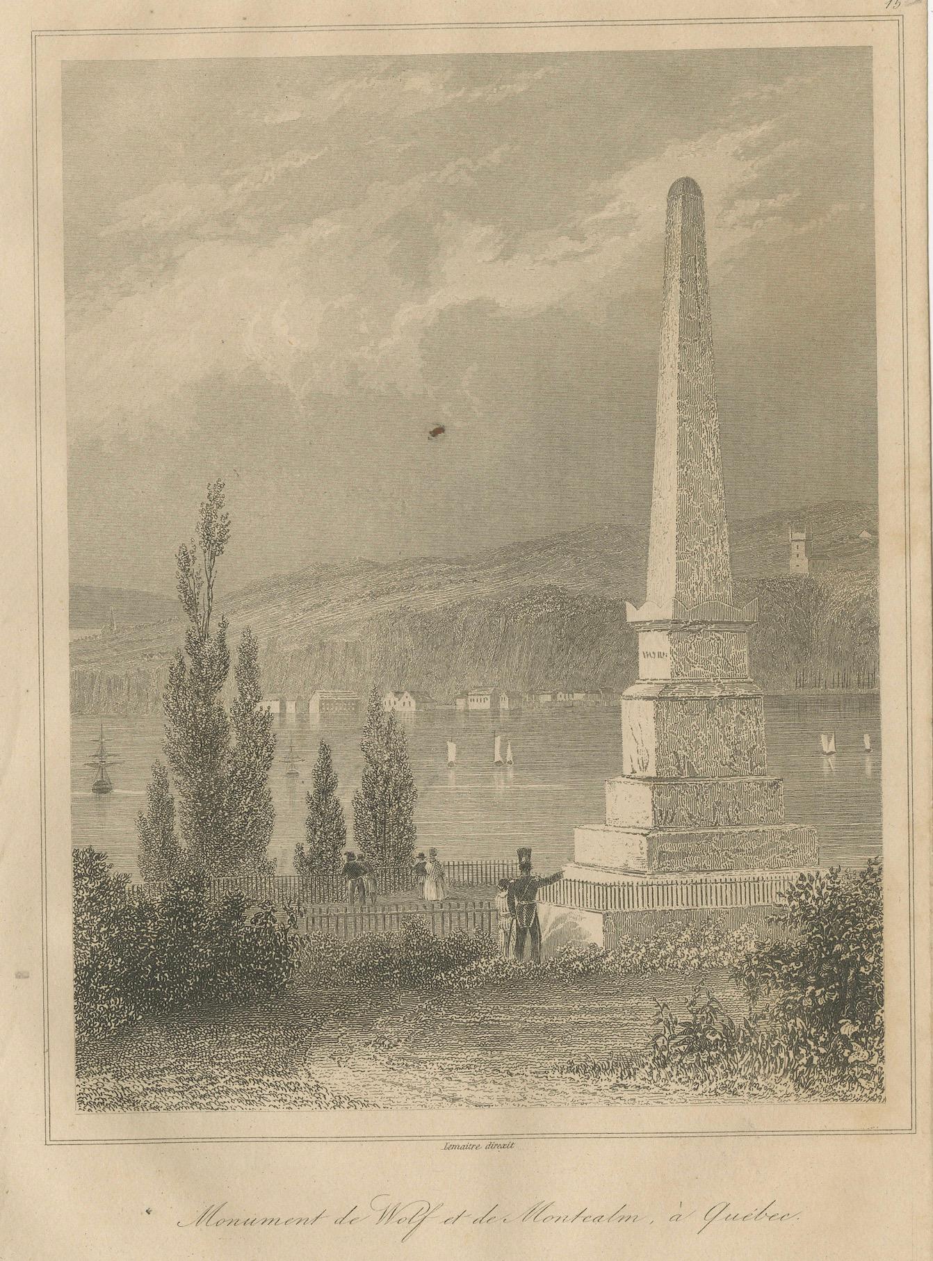 XIXe siècle Gravure ancienne du monument à WOLFS et Montcalm - Québec, Canada, c.C. en vente