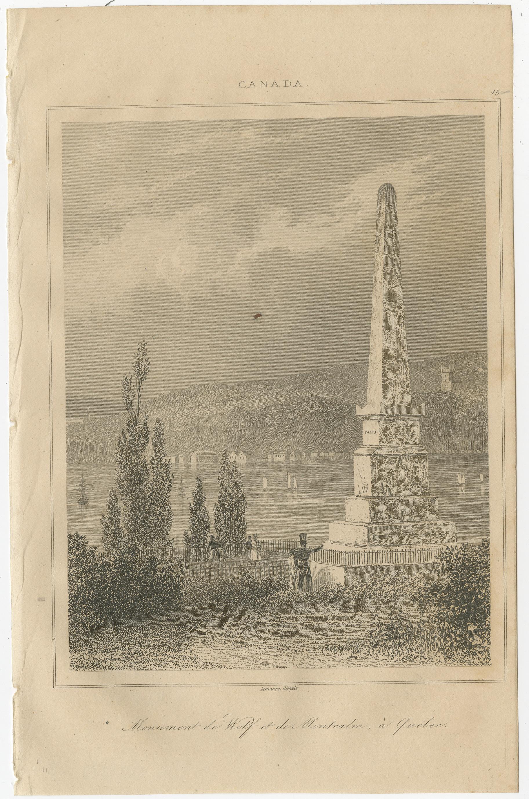 Papier Gravure ancienne du monument à WOLFS et Montcalm - Québec, Canada, c.C. en vente
