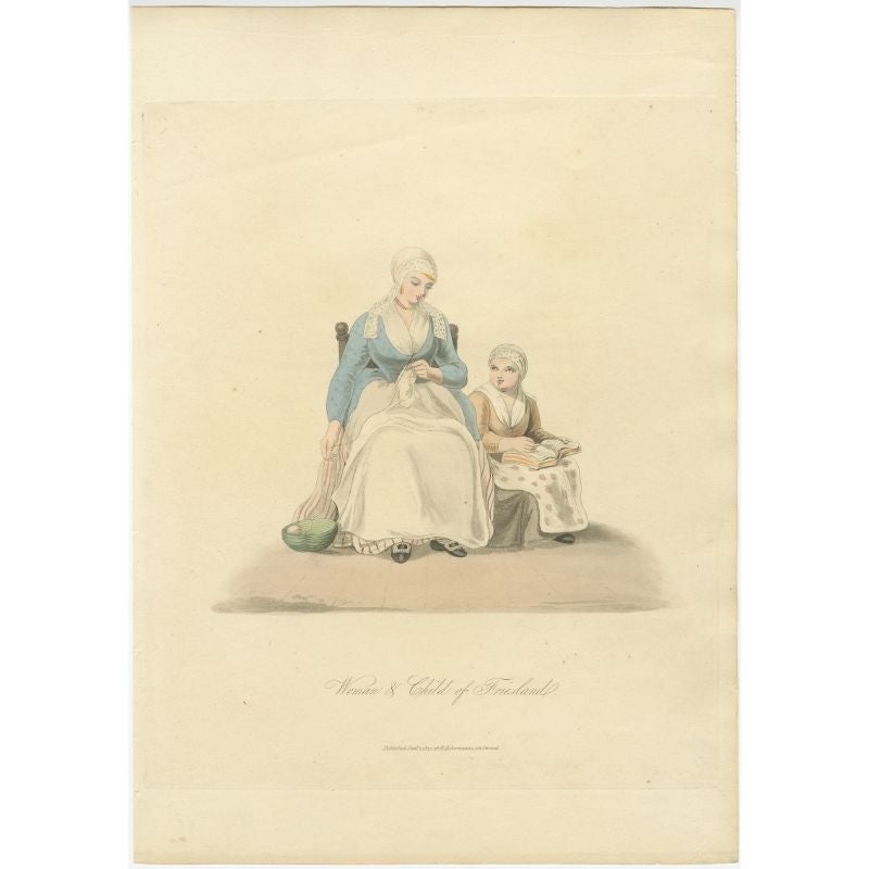 Antique costume print titled 'Woman & Child of Friesland'. Old costume print depicting a woman and child of the Dutch province 'Friesland'. This print originates from 'The Costume of the Netherlands displayed in thirty coloured