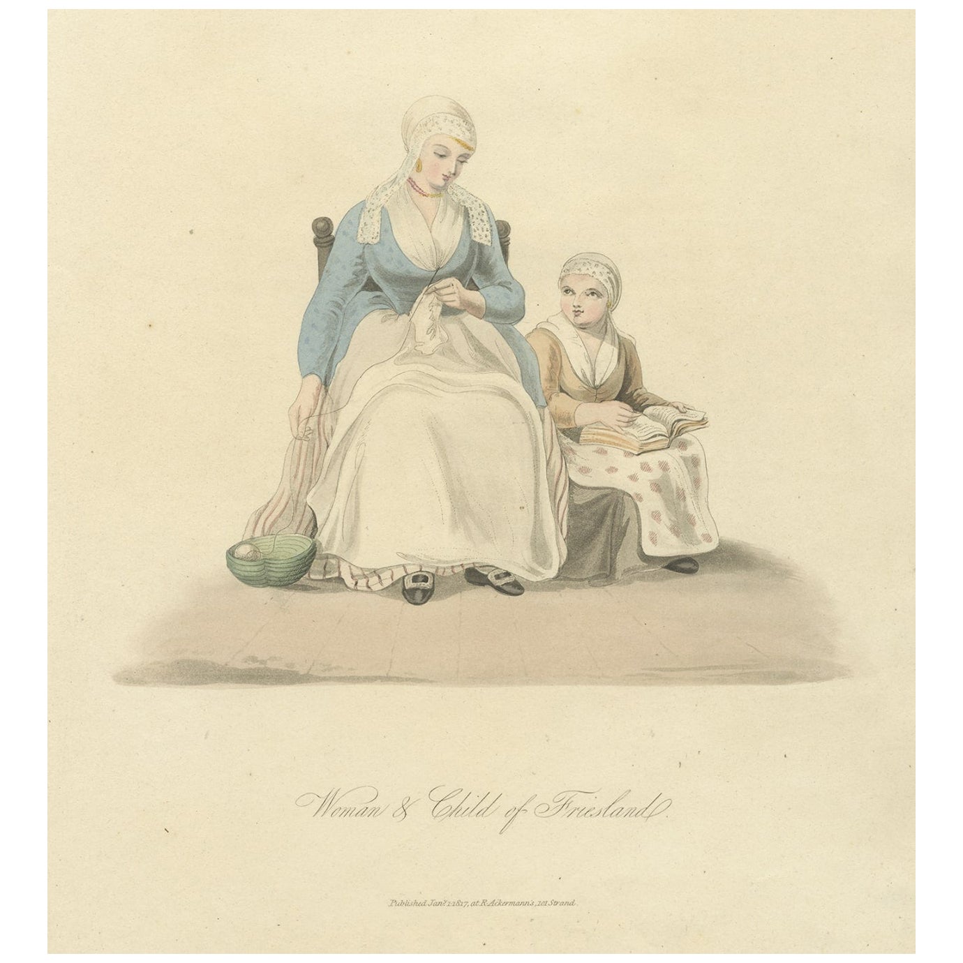 Impression ancienne d'une femme et d'un enfant de Friesland en costume, Pays-Bas, 1817