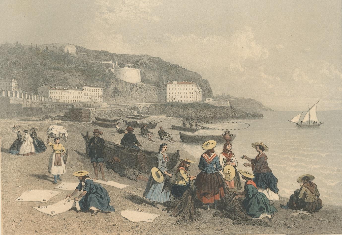 Antique Print of Women and Fishermen in Nice by Benoist, circa 1865 In Fair Condition In Langweer, NL