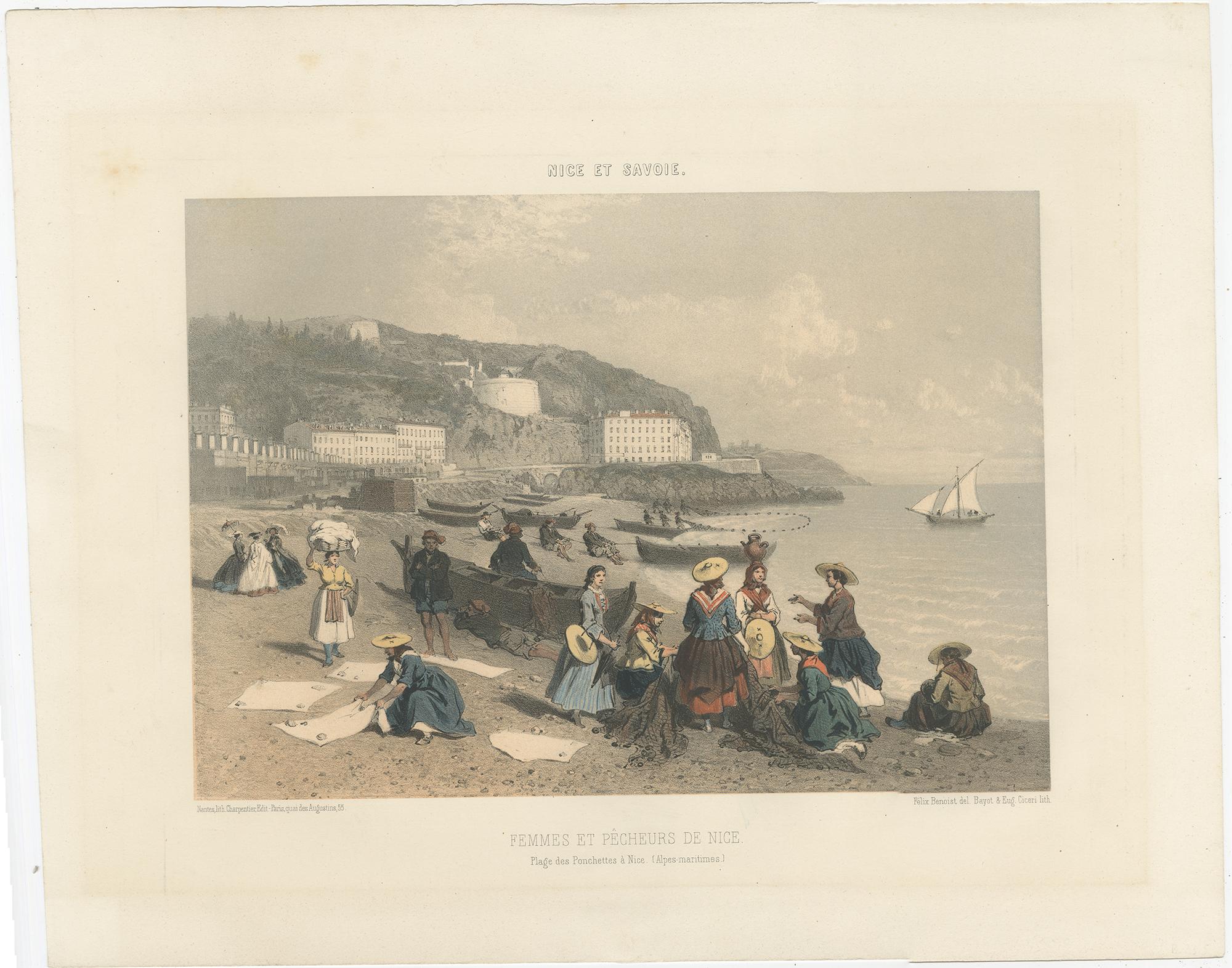 19th Century Antique Print of Women and Fishermen in Nice by Benoist, circa 1865