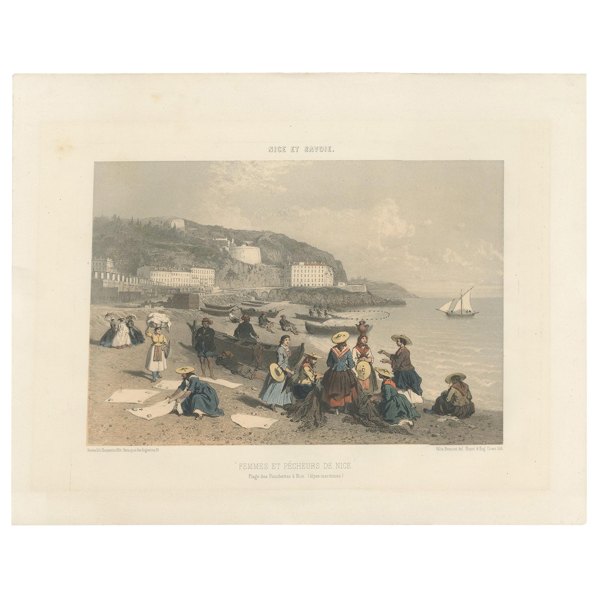 Antique Print of Women and Fishermen in Nice by Benoist, circa 1865