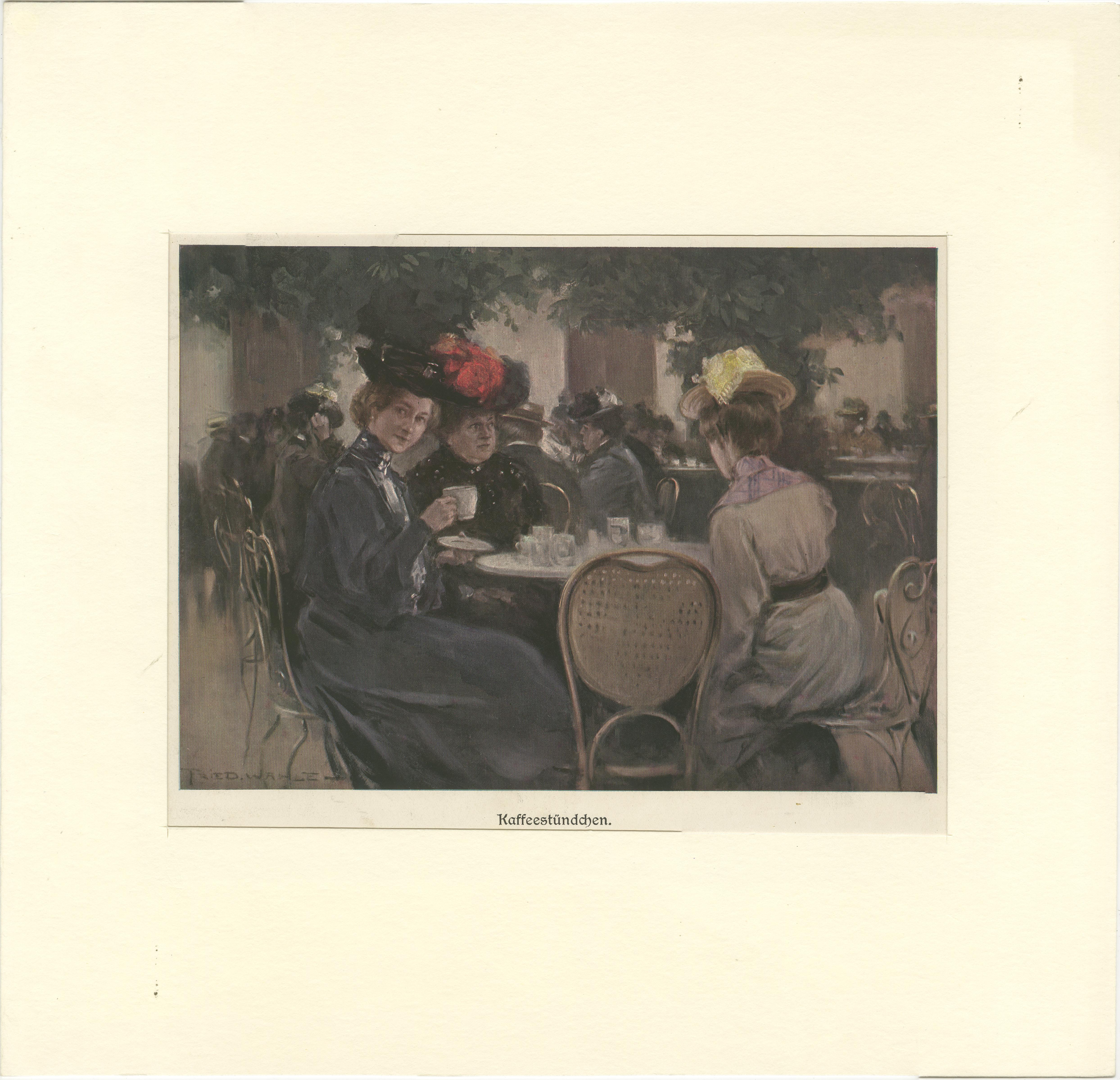 Antique Print of Women drinking Coffee In Good Condition For Sale In Langweer, NL