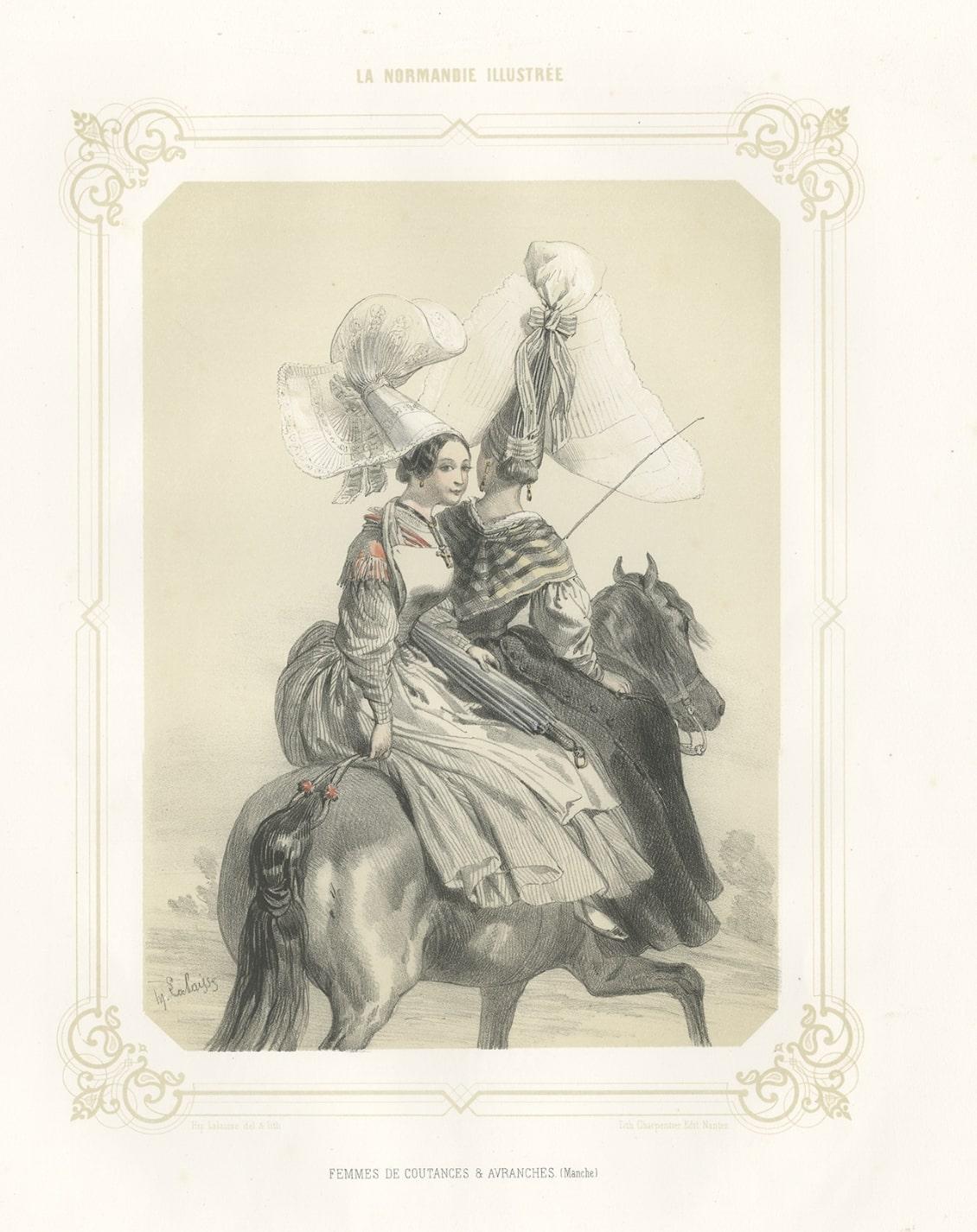 Paper Antique Print of Women from Coutances and Avranches in Normandy, France, 1852 For Sale