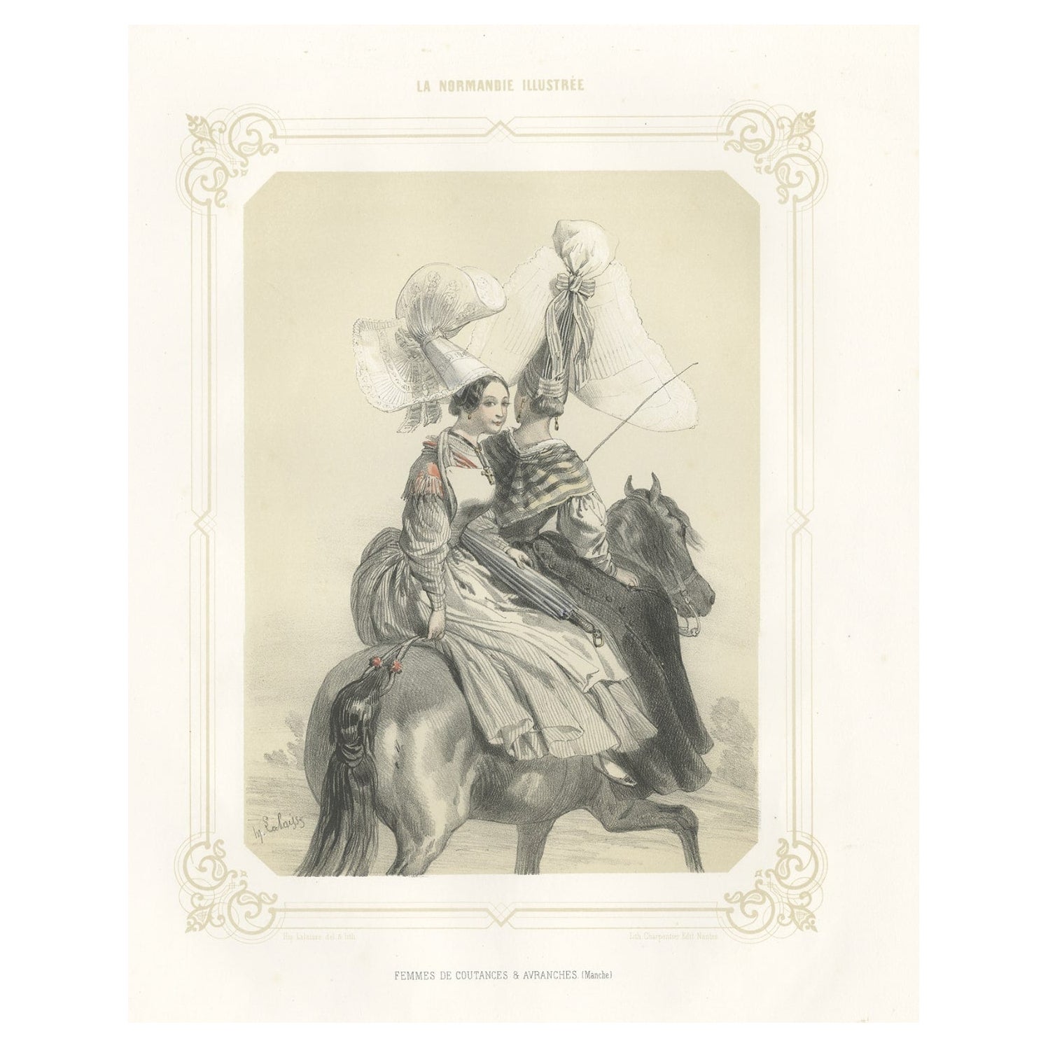 Antiker Druck von Frauen aus Kupferstichen und Avranches in der Normandie, Frankreich, 1852