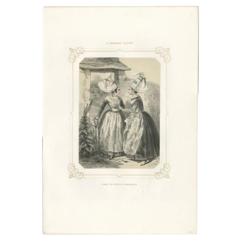 Antique print titled 'Femmes des environs d'Argentan (Orne)'. Old print depicting women from the region of Argentan, France. This print originates from 'La Normandie Illustrée' by R. Bordeaux and A. Bosquet.

Artists and Engravers: Drawn from
