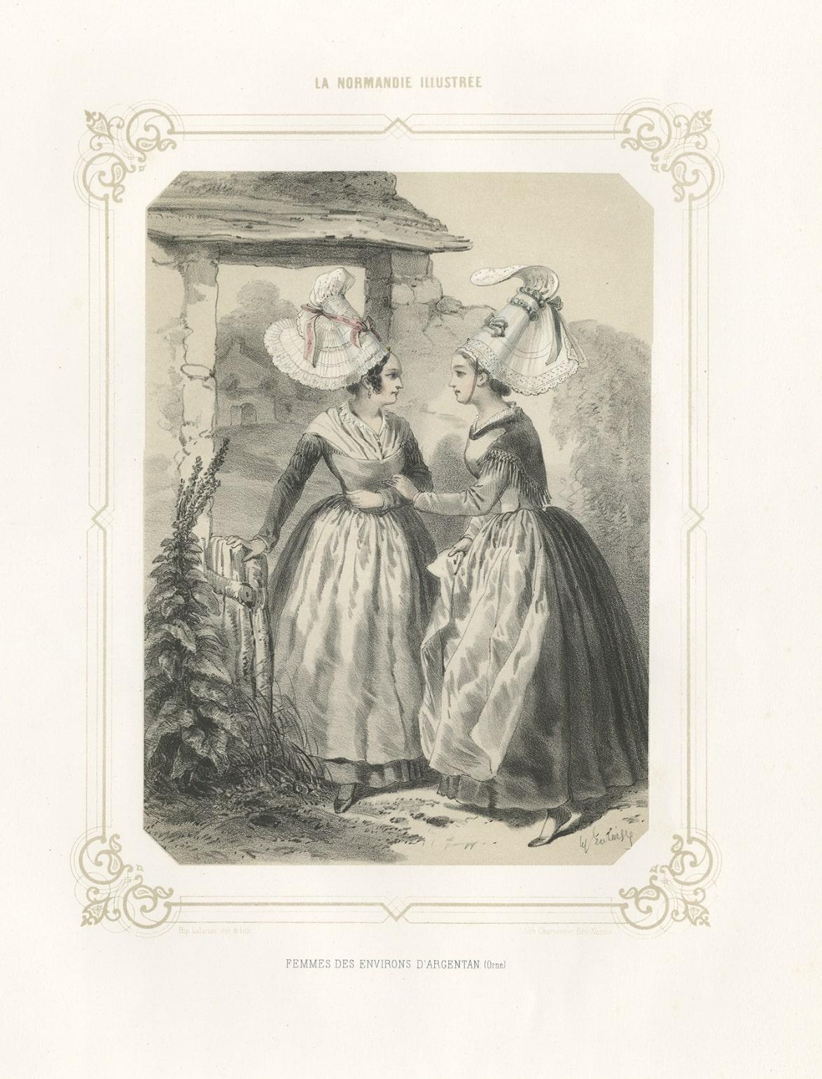 Paper Antique Print of Women from the Region of Argentan in France, 1852 For Sale