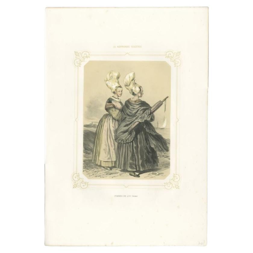Antique print titled 'Femmes de Luc (Calvados)'. Old print depicting women from Luc-sur-Mer, France. This print originates from 'La Normandie Illustrée' by R. Bordeaux and A. Bosquet.

Artists and Engravers: Drawn from nature by F. Benoist,