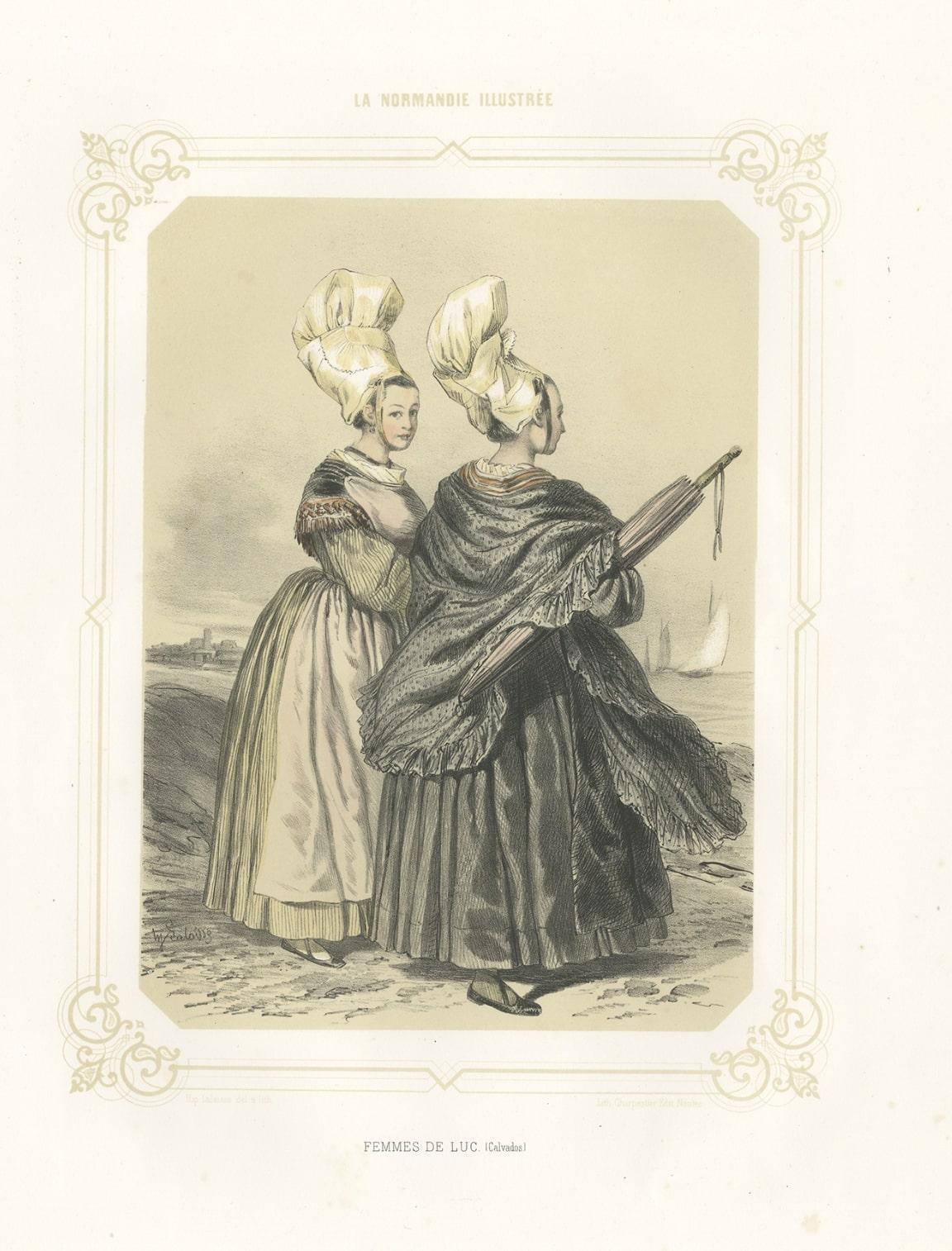 Paper Antique Print of Women from the Region of Luc-sur-mer in France, 1852 For Sale