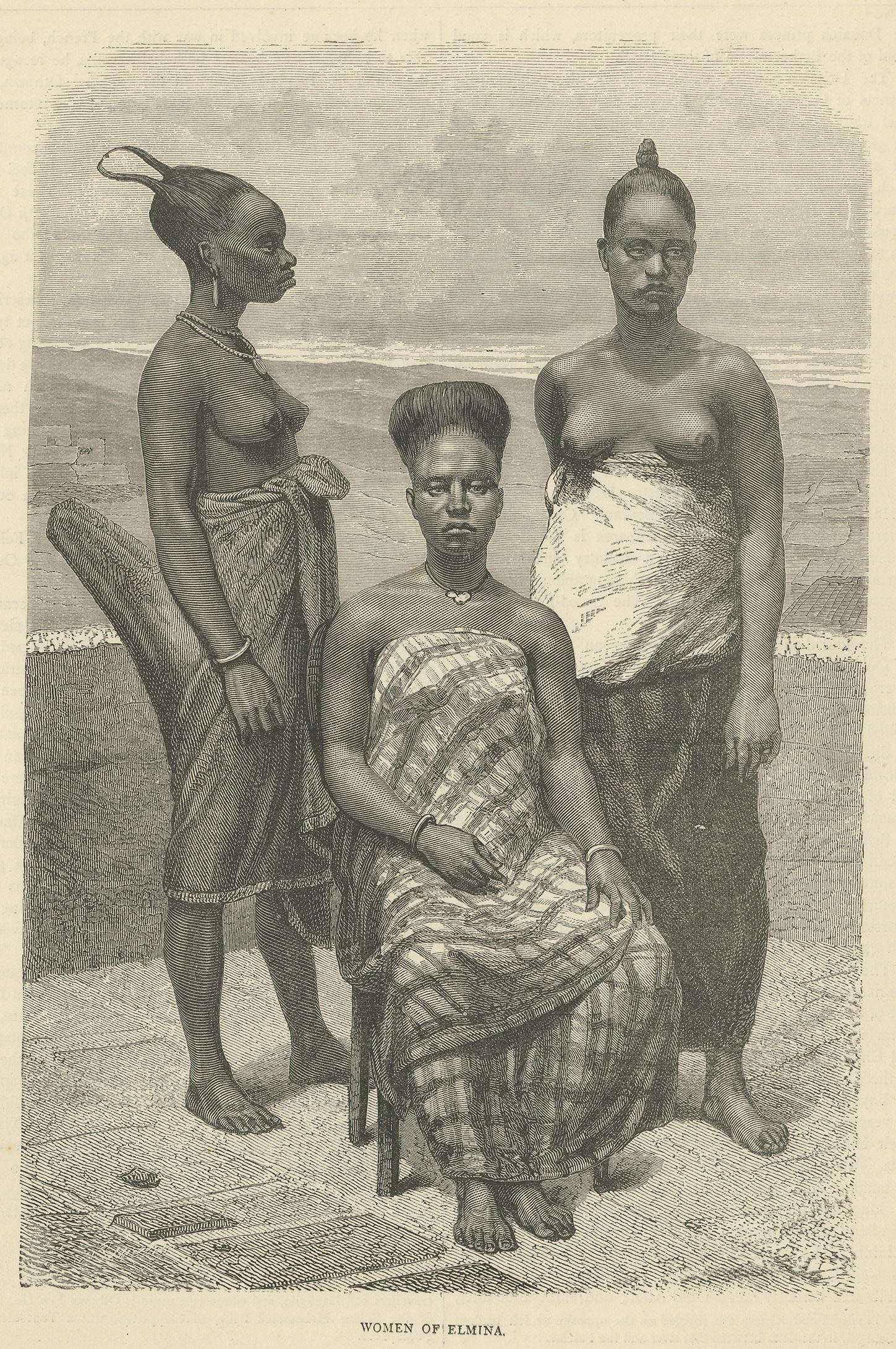 Antique print titled 'Women of Elima'. Print of women of Elmina (also known as Edina), Gold Coast, Ghana. This print originates from 'Illustrated Travels, published in 1882.
 