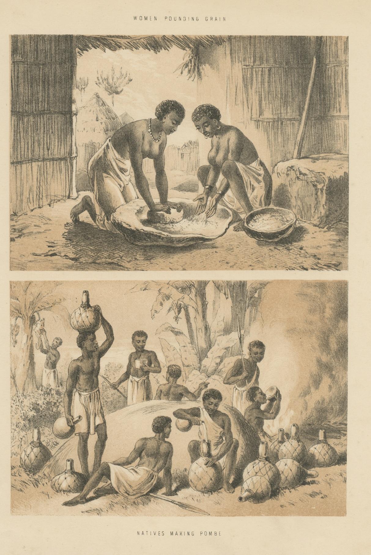 Antique print titled 'Women pounding grain - Natives making Pombe'. Lithograph of two women pounding grain and Africans brewing pombe. Source unknown, to be determined. Published, circa 1860.