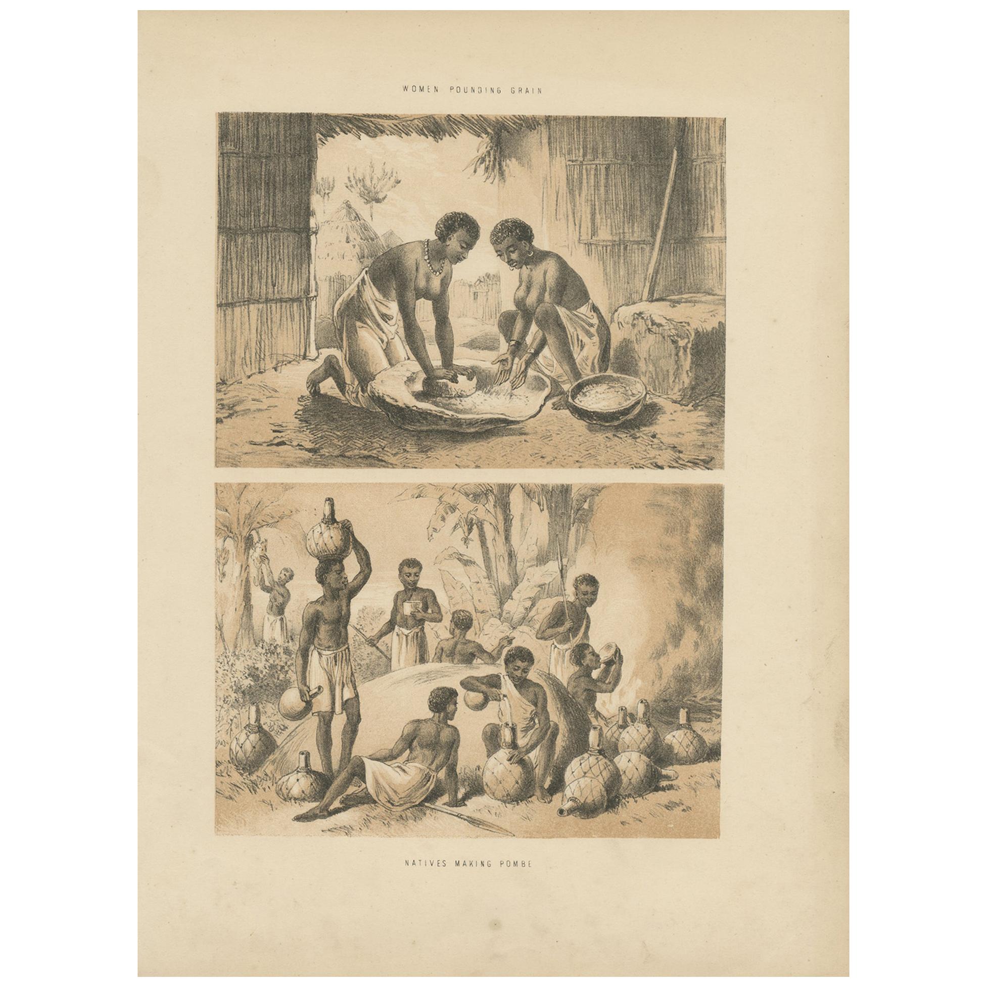 Antique Print of Women Pounding Grain and Africans Brewing Pombe, circa 1860 For Sale