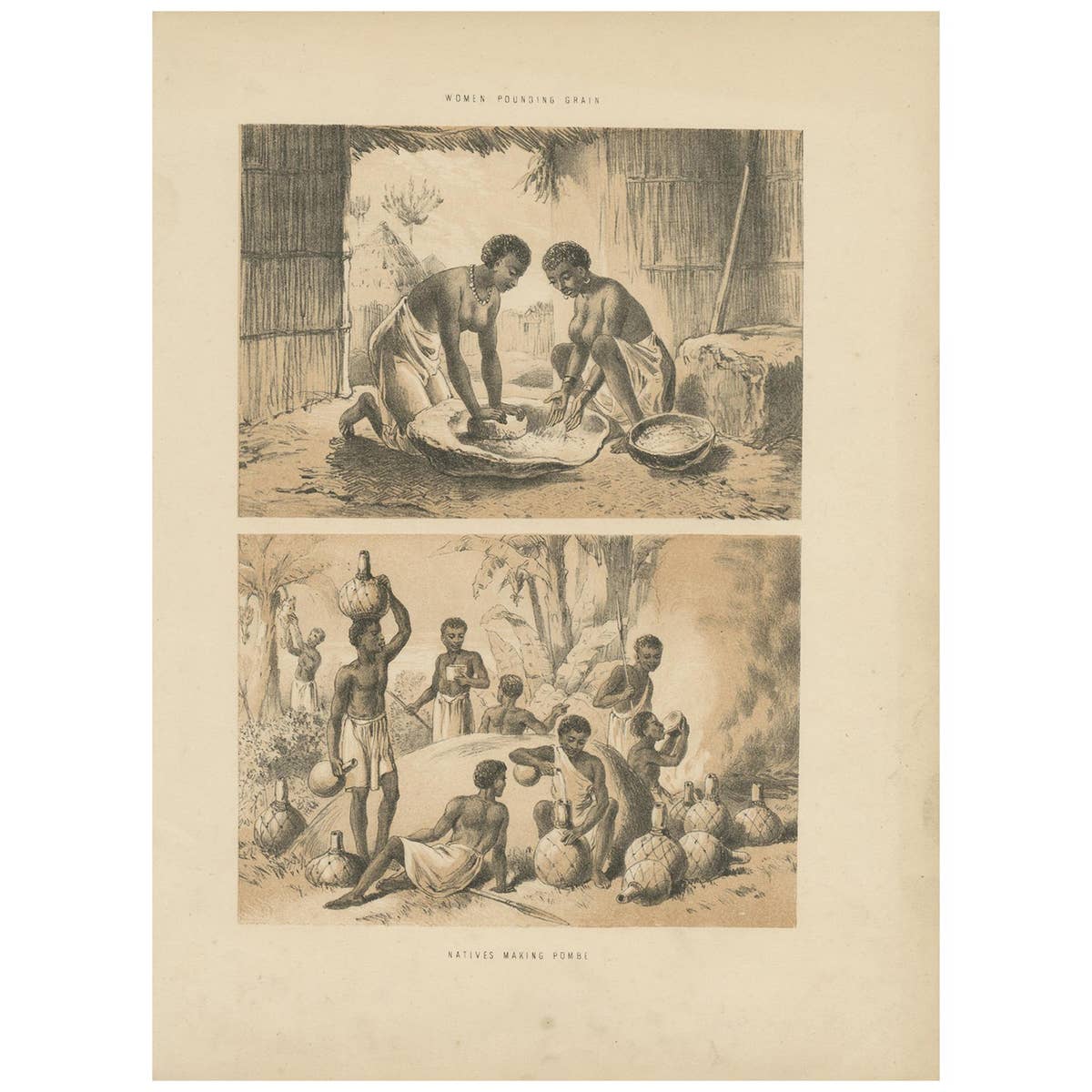 Antique Print of Women Pounding Grain and Africans Brewing Pombe, circa 1860