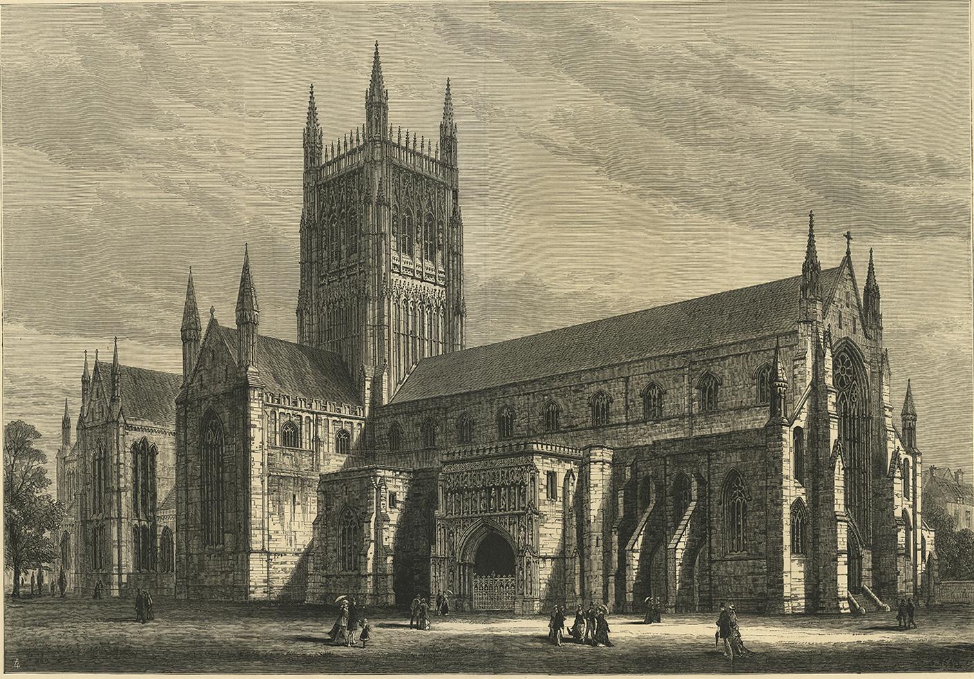 Antique print titled 'Worcester Cathedral'. Original antique print of Worcester Cathedral, an Anglican cathedral in Worcester, England; situated on a bank overlooking the River Severn. It is the seat of the Bishop of Worcester. Its official name is