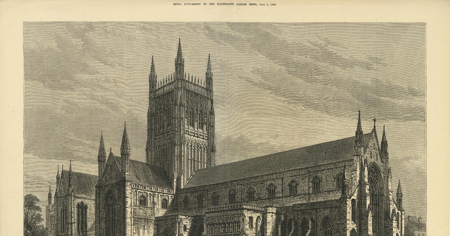 Antique Print of Worcester Cathedral from the Illustrated London News, 1880 In Good Condition For Sale In Langweer, NL