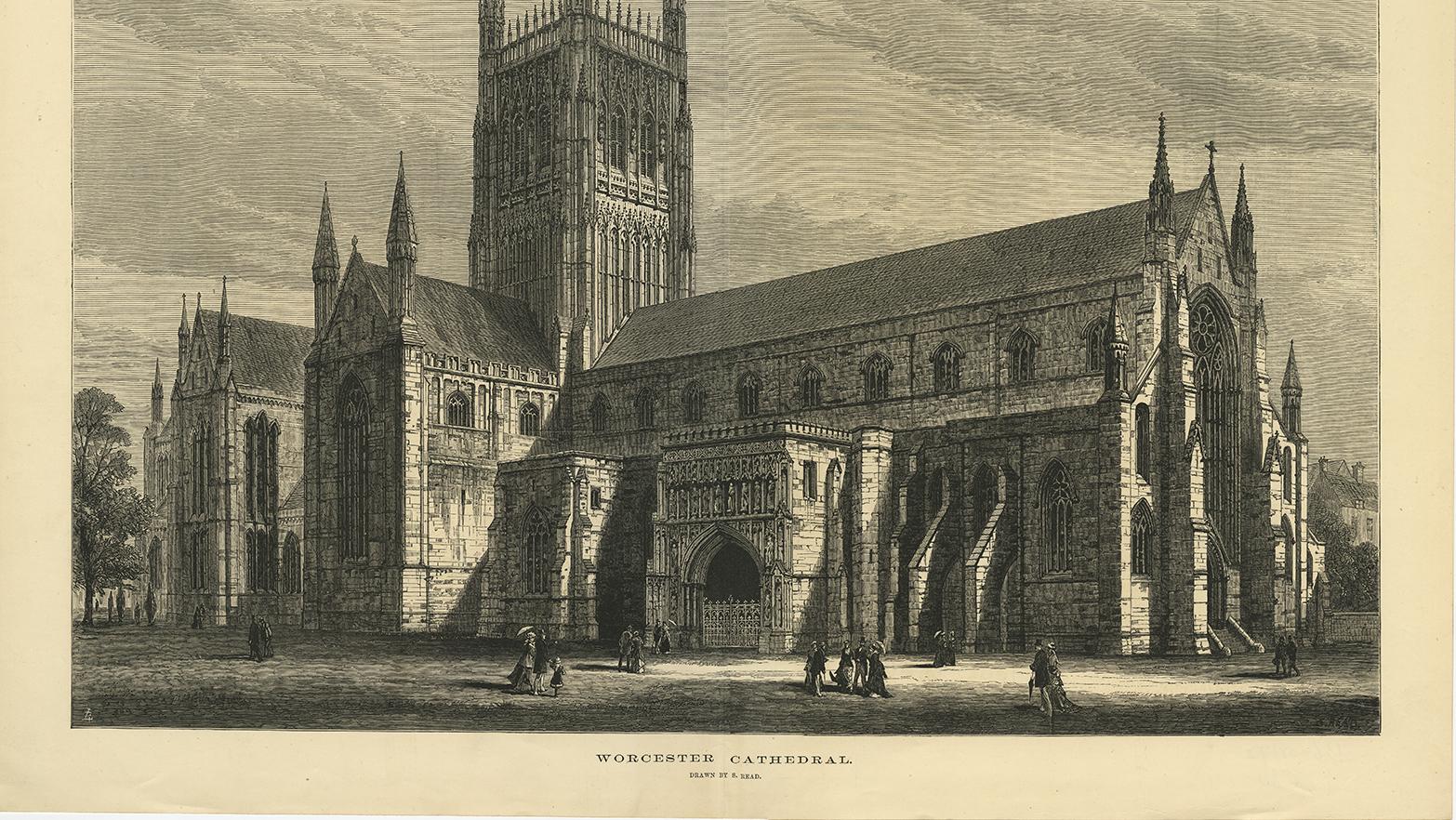 19th Century Antique Print of Worcester Cathedral from the Illustrated London News, 1880 For Sale