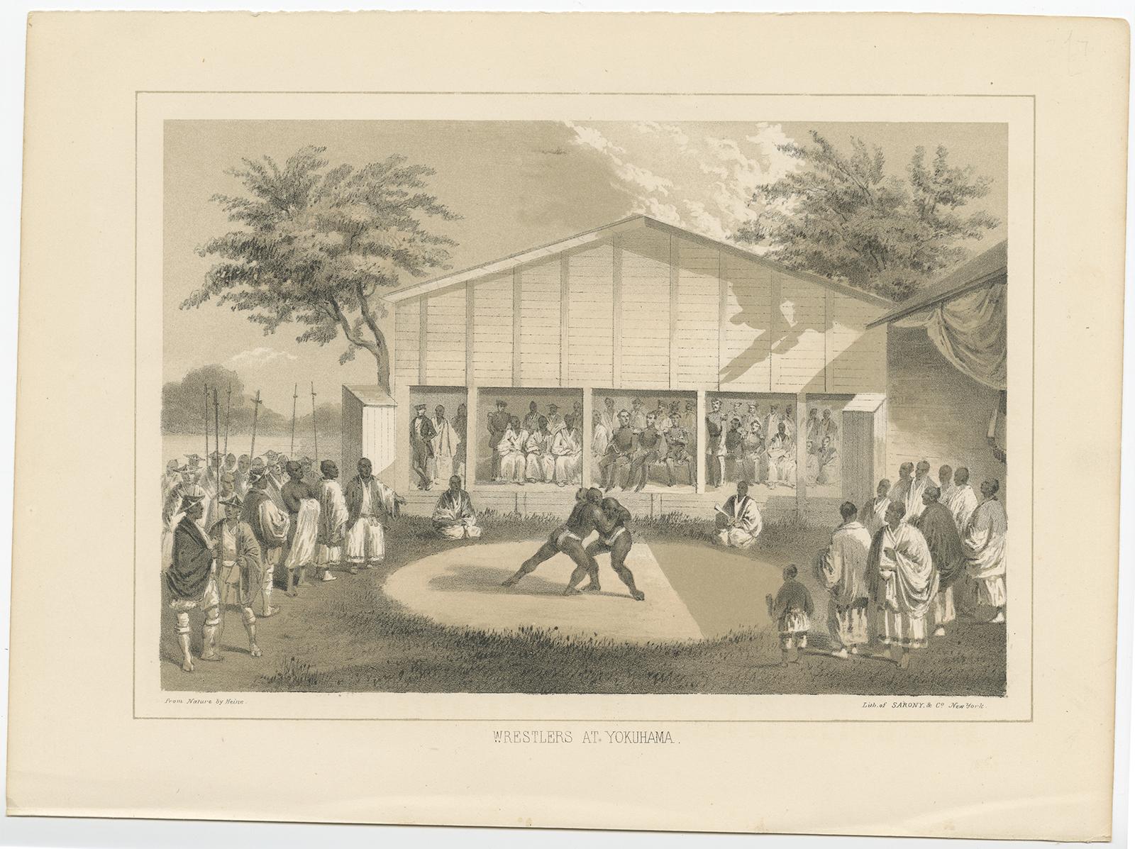 This historical lithograph, titled 'Wrestlers at Yokohama,' is drawn from the comprehensive accounts of the American expedition to the China Seas and Japan, led by Commodore M.C. Perry, as chronicled in the official narrative of the journey. The