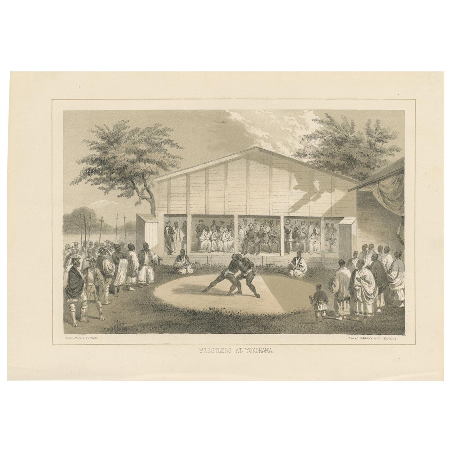 Antique Print of Wrestlers in Japan by Heine, 1857 For Sale