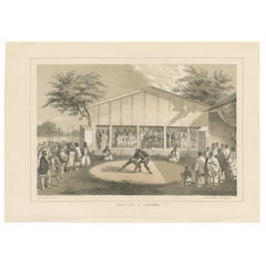 Impression ancienne de lutteurs au Japon par Heine, 1857