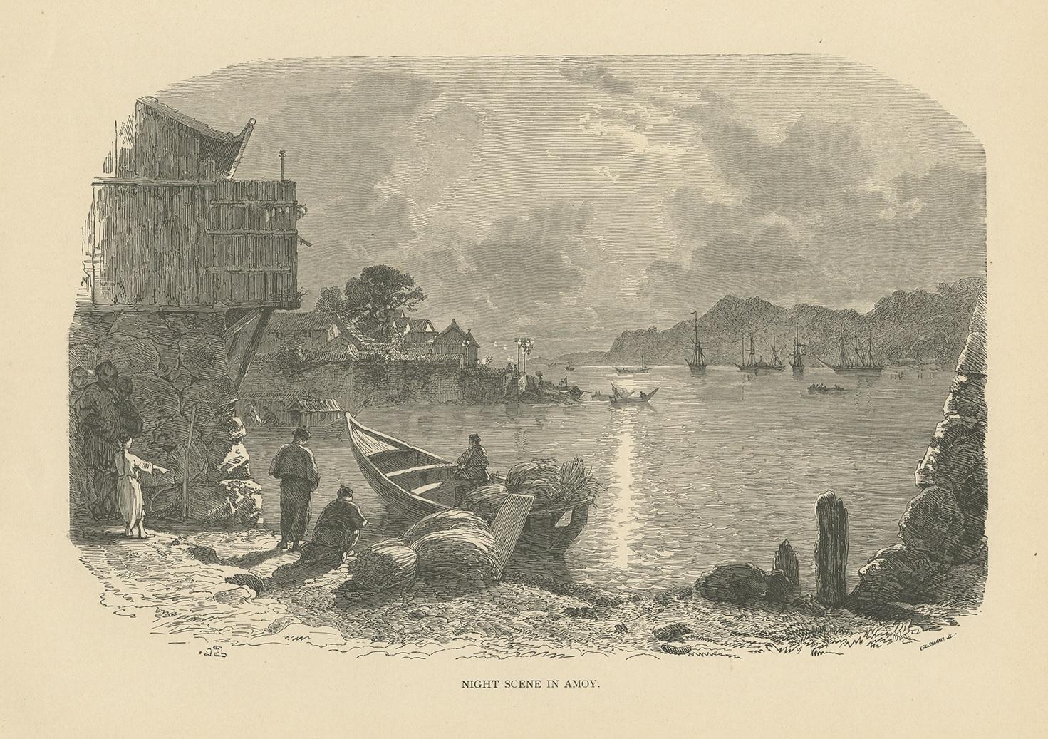 Antique print titled 'Night Scene in Amoy'. View of Xiamen, alternately known as Amoy is a Sub-Provincial city in southeastern Fujian, China.