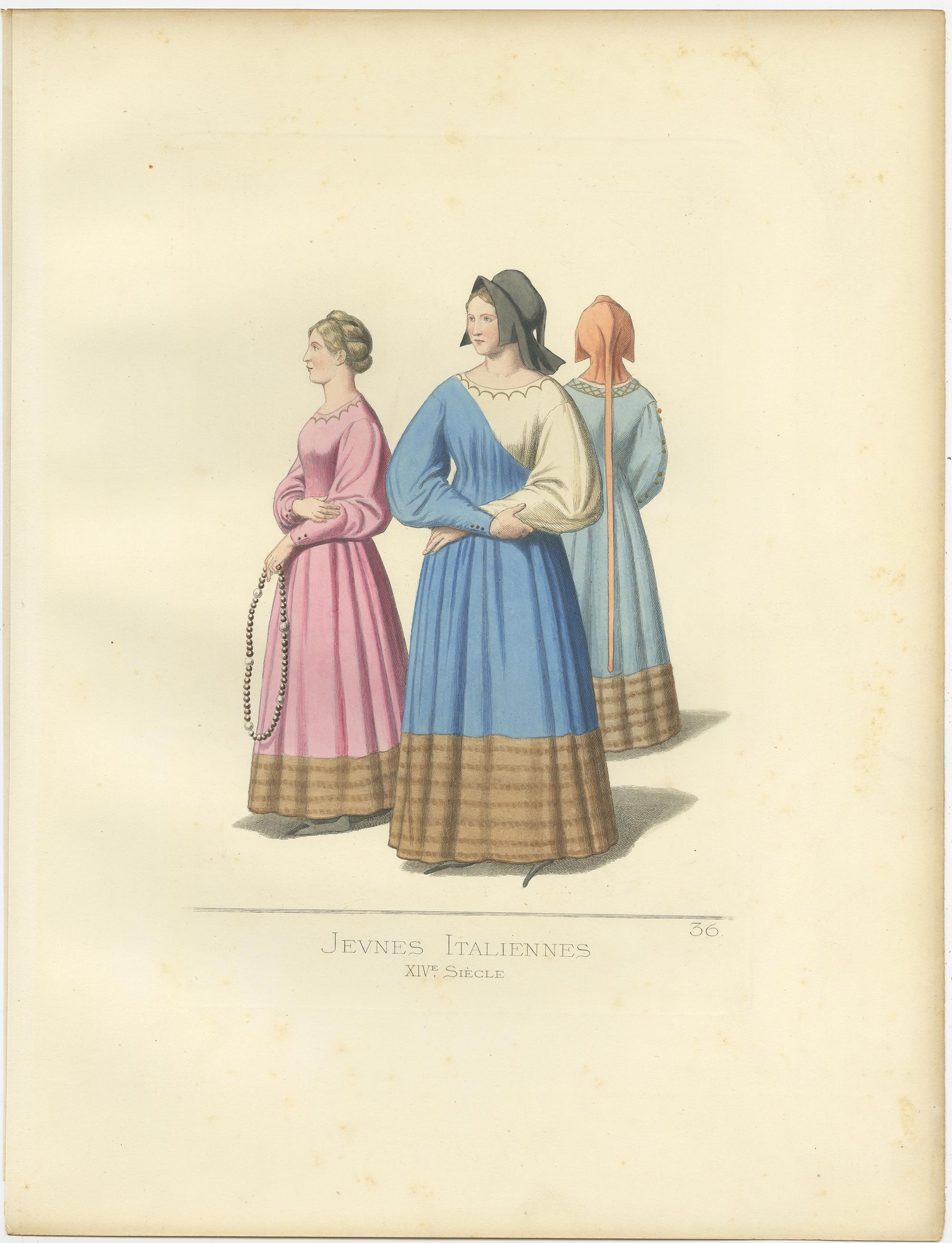 Antique print titled ‘Jeunes Italiennes, XIVe Siecle.’ Original antique print of young Italian women. This print originates from 'Costumes historiques de femmes du XIII, XIV et XV siècle' by C. Bonnard. Published 1860.