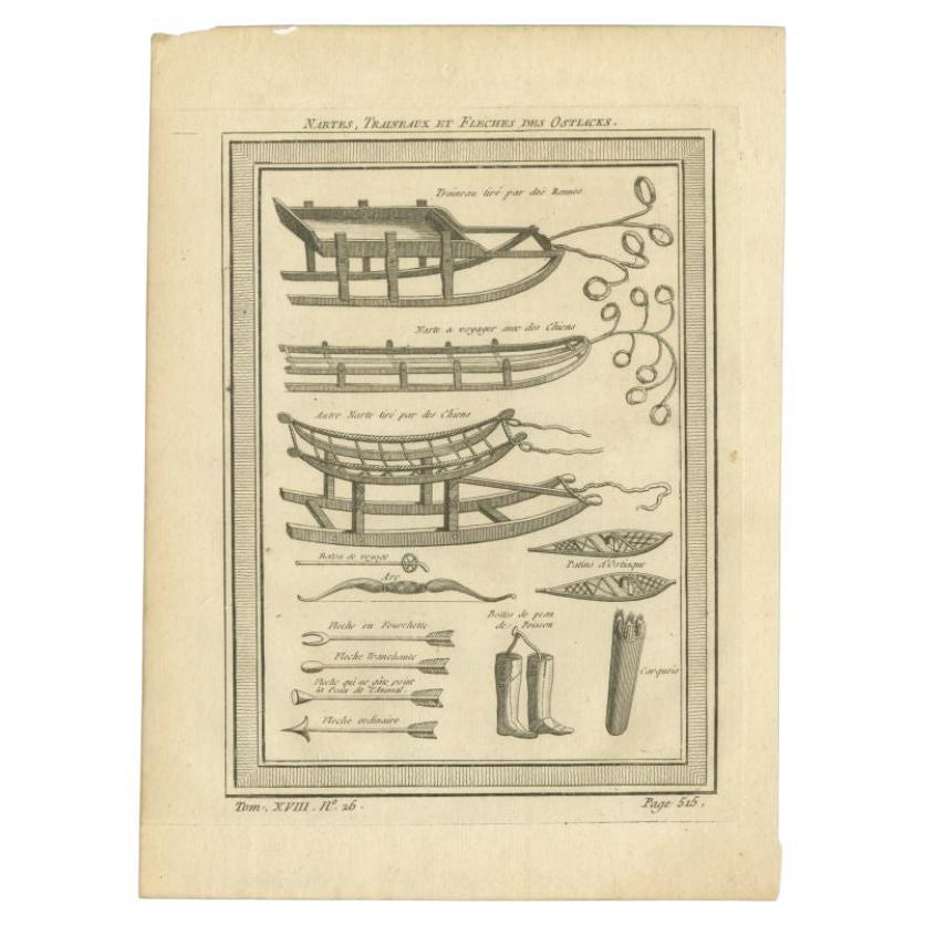 Antique Print of Yukaghir Utensils from Siberia, Russia, 1768