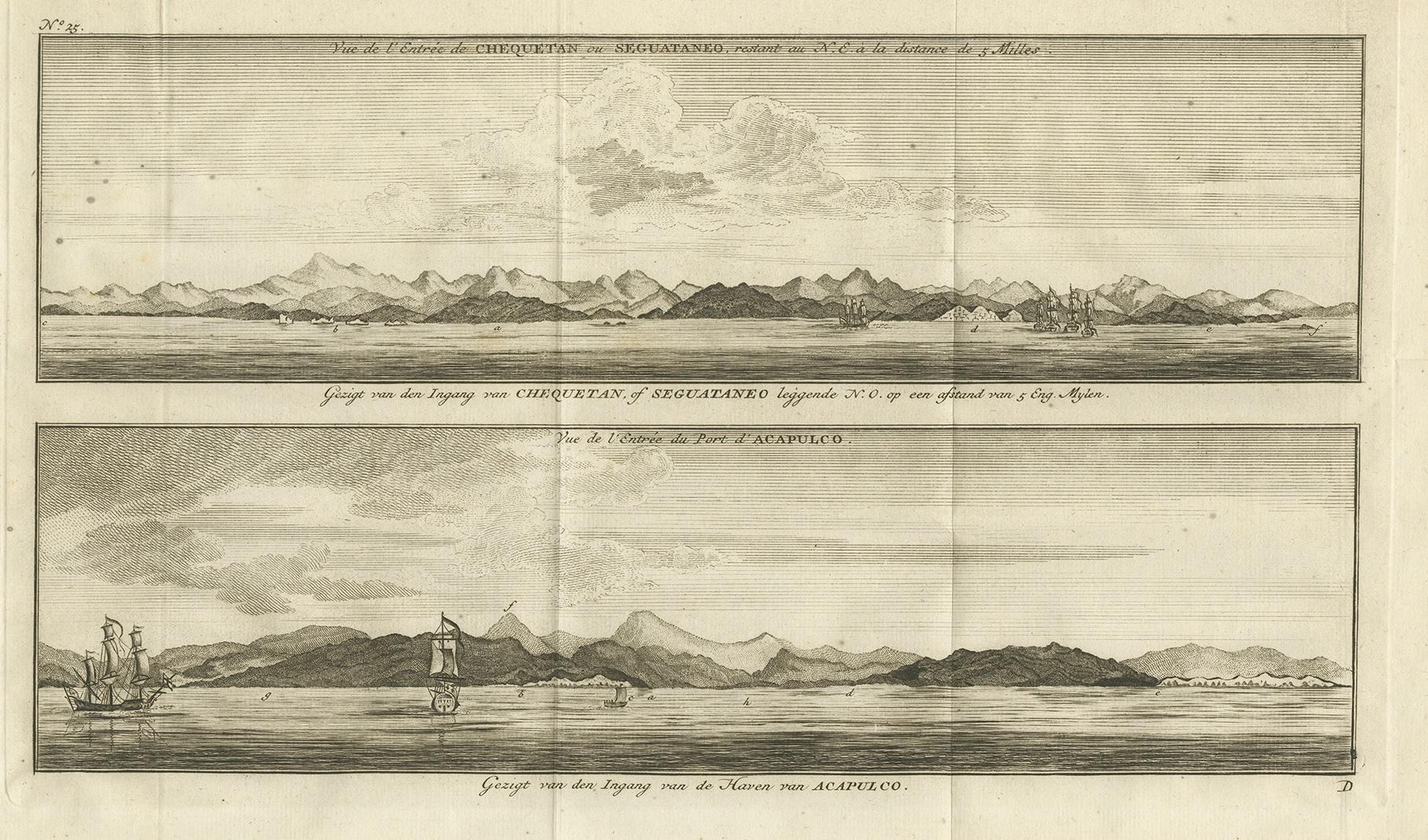 Antique print titled 'Vue de l'entree de Chequetan ou Seguataneo, restant au N.E. a la distance de 5 milles.' 'Vue de l'entree du port d'Acapulco.' View of Zihuatanejo and the harbour of Acapulco, Mexico. This print originates from 'Reize rondsom de