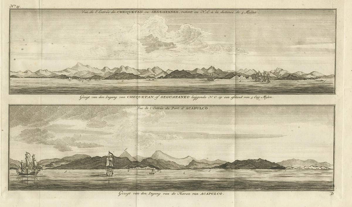 Antique Print of Zihuatanejo and the Harbour of Acapulco by Anson '1749'