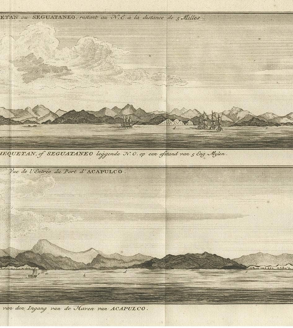Antique Print of Zihuatanejo and the Harbour of Acapulco by Anson '1749'