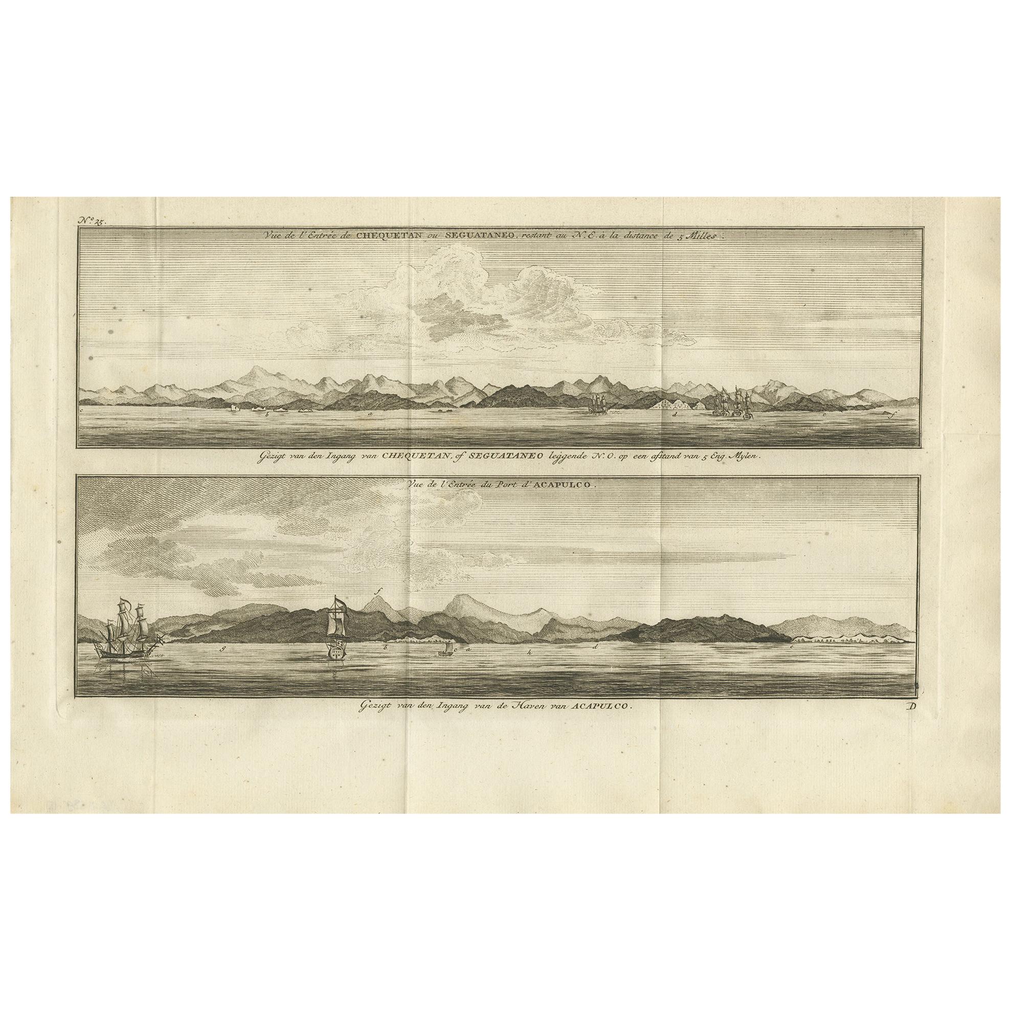 Antique Print of Zihuatanejo and the Harbour of Acapulco by Anson '1749'