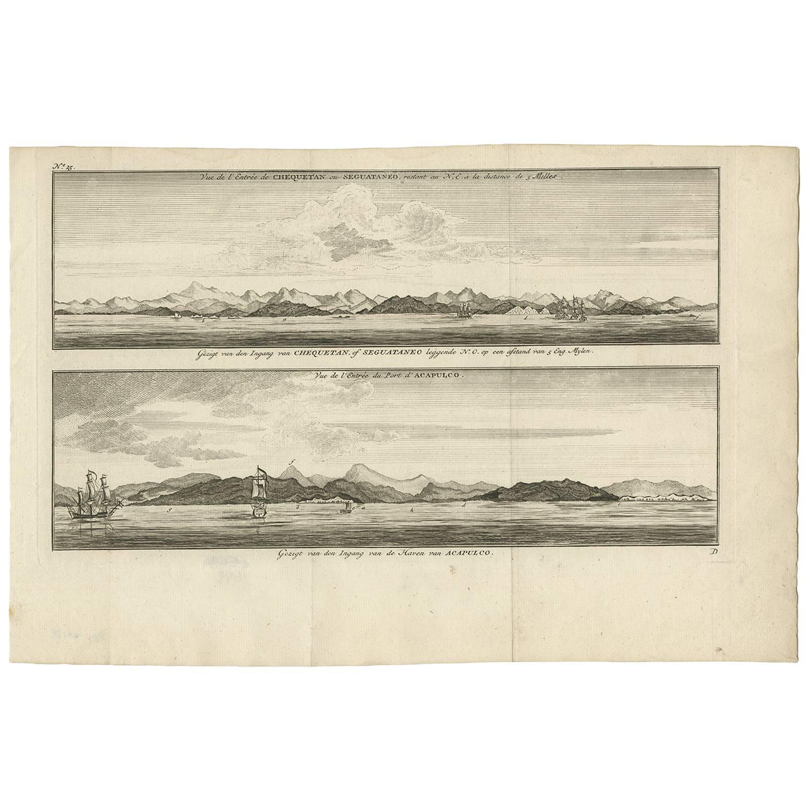 Antiker Druck von Zihuatanejo und dem Hafen von Acapulco von Anson (ca. 1760)
