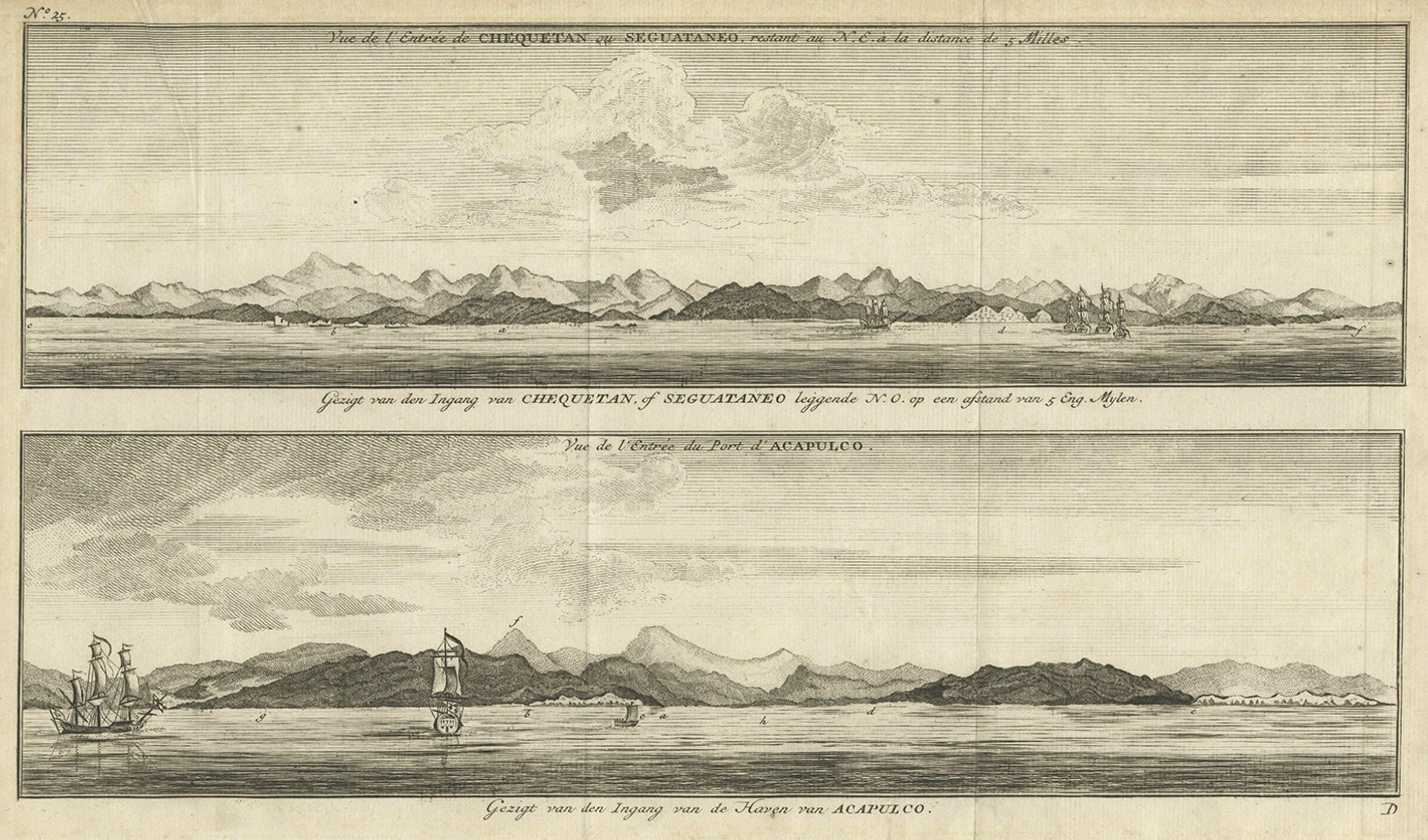 Antique Print of Zihuatanejo and the harbour of Acapulco in South America, 1749 For Sale