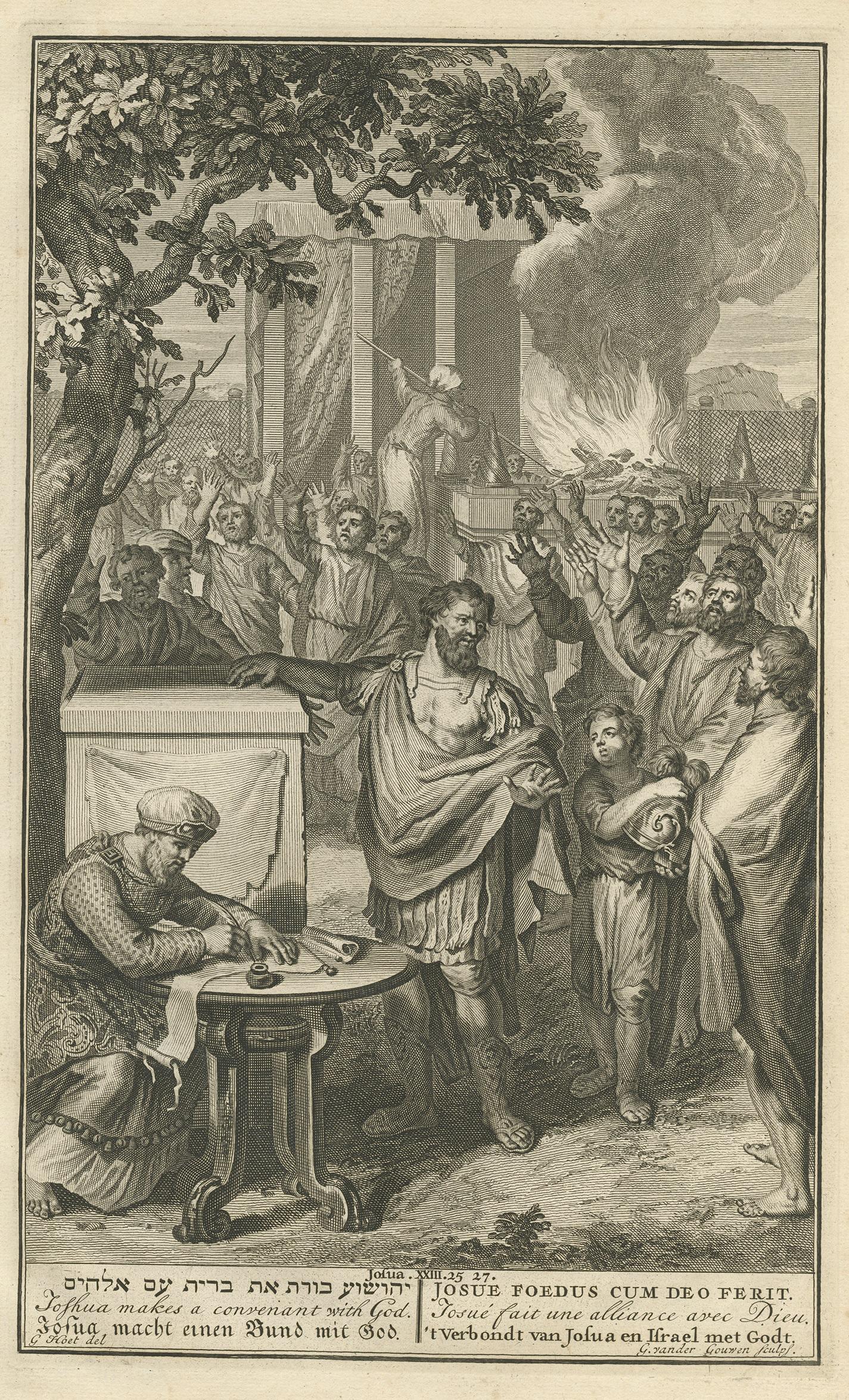 Antique religion print titled 'Joshua makes a convenant with God'. This print originates from 'Figures de la Bible'. Published by P. de Hondt. Illustrated by G. van der Gouwen.