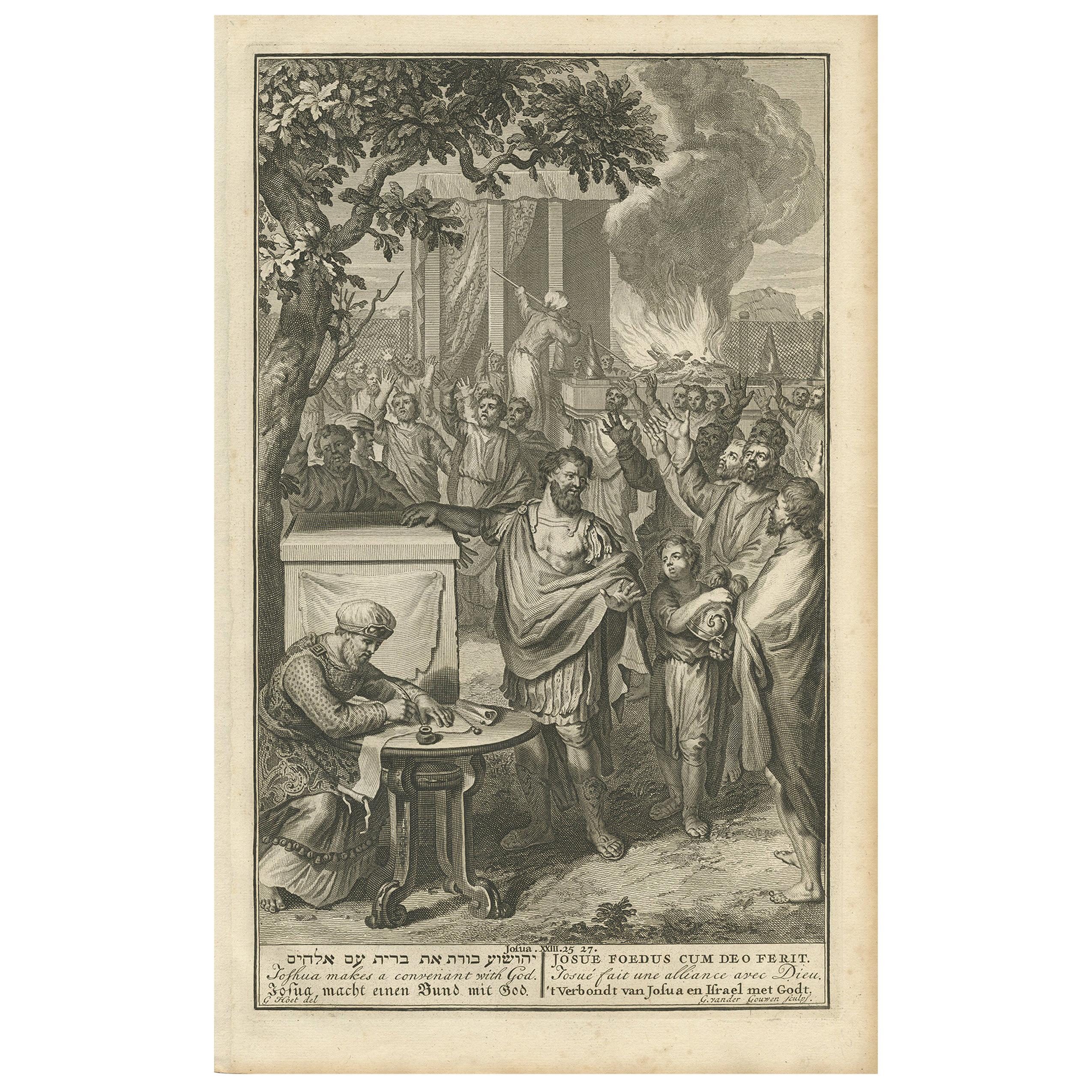 Religion imprimée ancienne « Joshua Makes a Convenant with God » (Joshua fait un convenant avec Dieu) par De Hondt, 1728