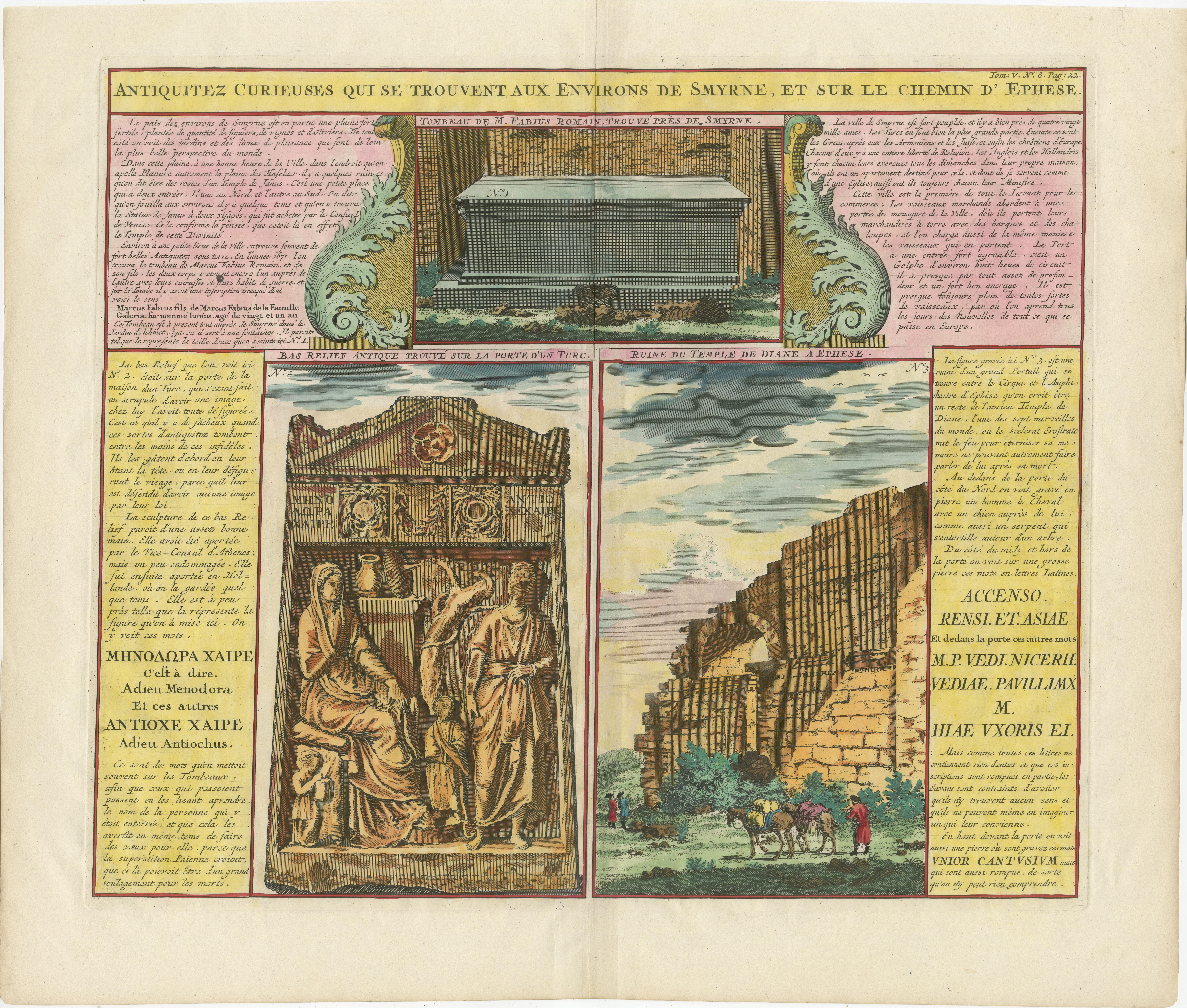 Antique print titled 'Antiquitez Curieuses qui se trouvent aux Enviorons de Smyrne (..)'. Engraved views showing monuments in Ephesus which was an ancient Greek city on the coast of Ionia, present-day in Izmir province. Includes descriptive text.