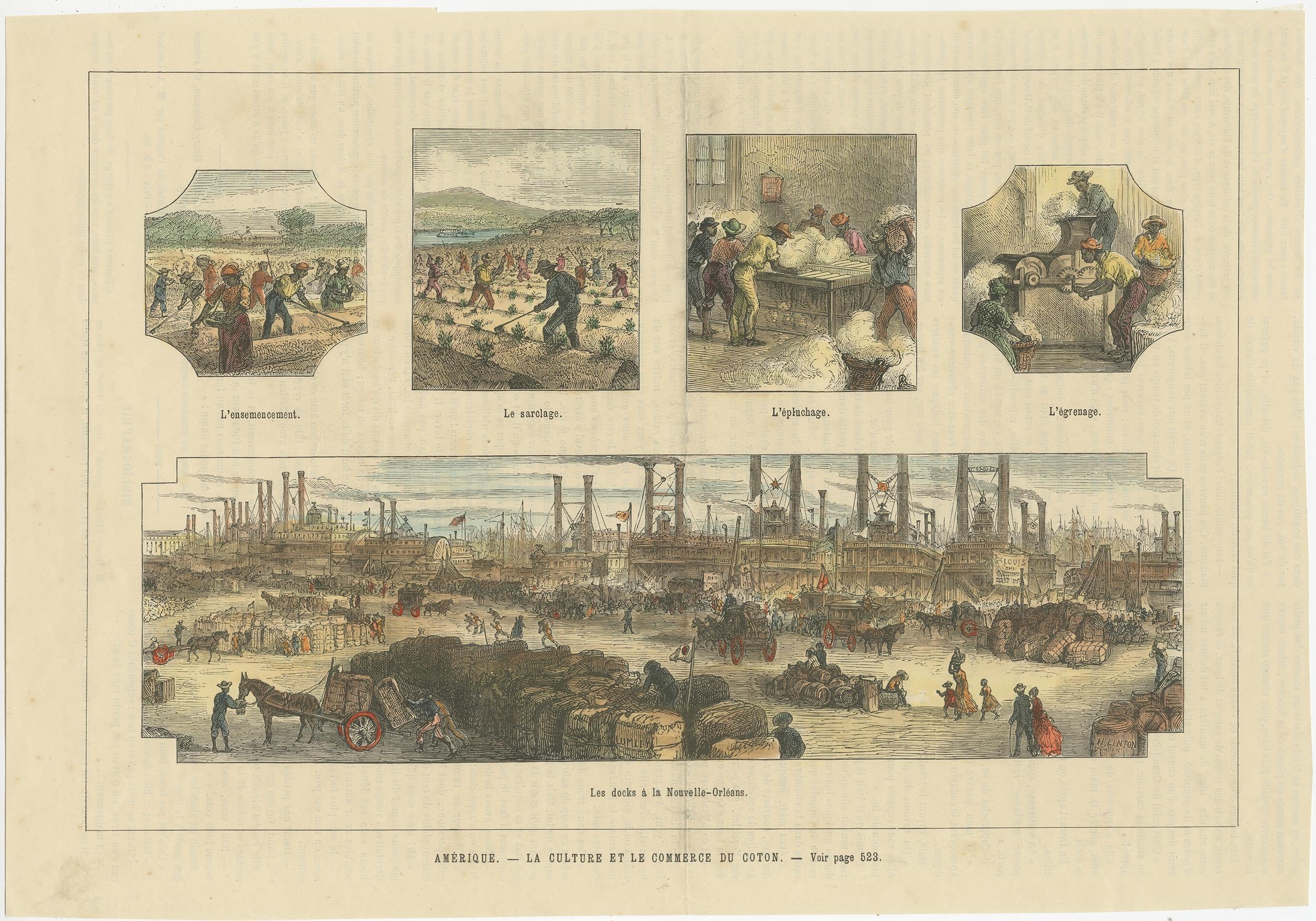 Antique print titled 'Amérique - La culture et le commerce du coton'. 

Original antique print showing the cotton cultivation and trade in America. Originates from a French magazine, published circa 1900. 

Artists and Engravers: Anonymous.