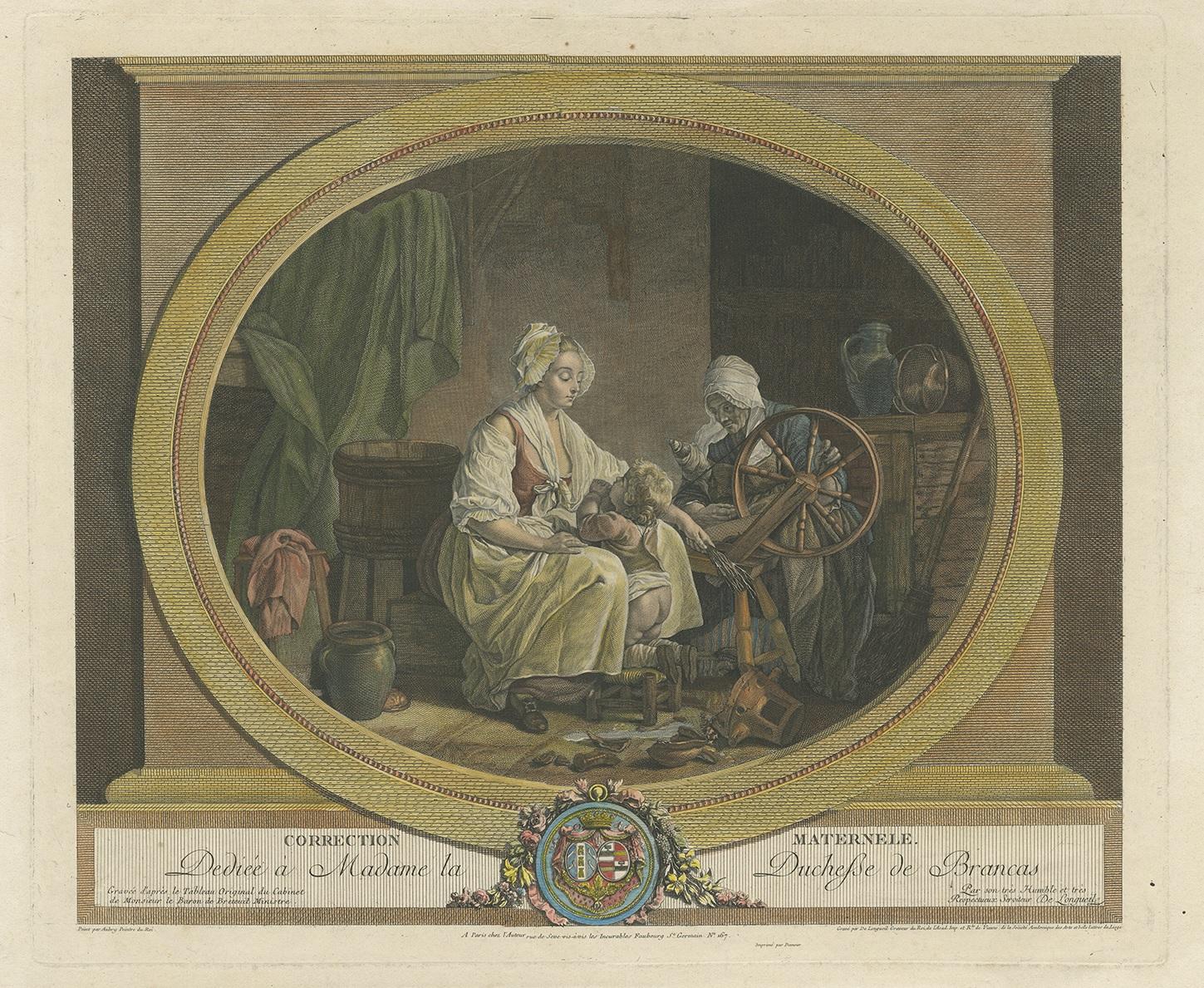 Antique print titled 'Correction Maternele Dediée à Madame la Duchesse de Brancas'. Antique engraving showing the punishment of a child. Behin the child, a spinning wheel can be seen. This print is engraved by Longueil after a painting by Aubry.