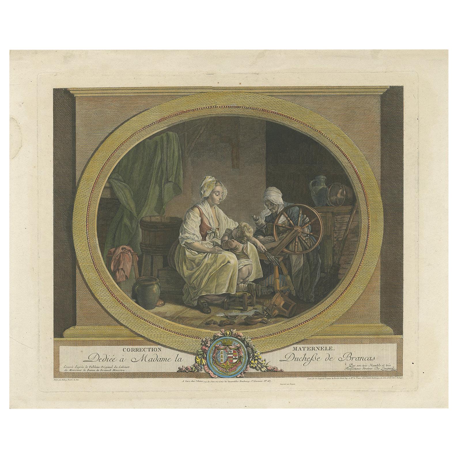 Grabado antiguo que muestra el castigo de un niño realizado según Aubry, hacia 1790