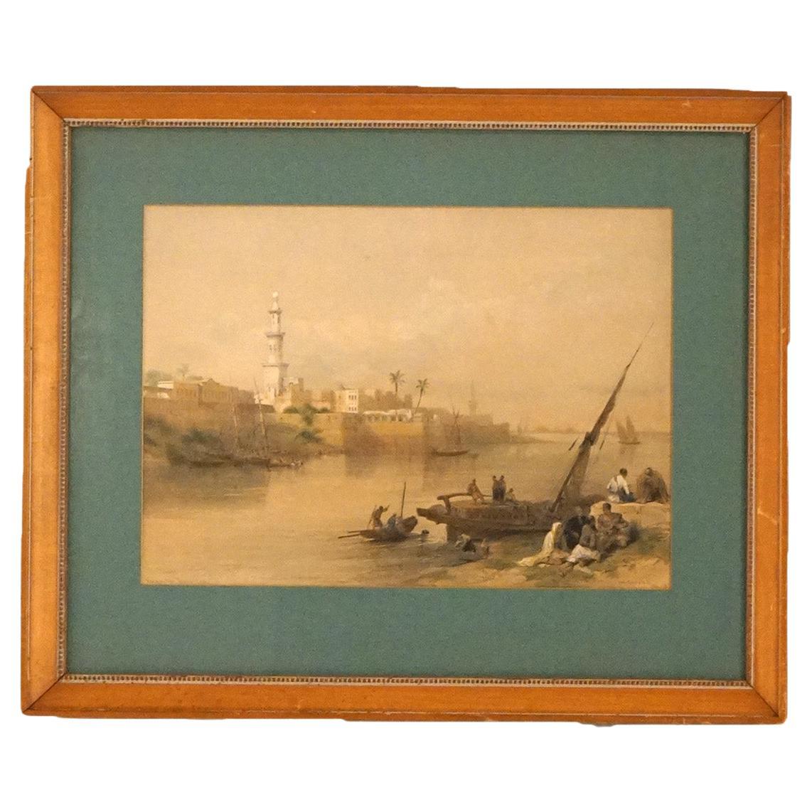 Antique Print Signed by David Roberts “View Of The Nile-Ferry To Gizeh" 19thC