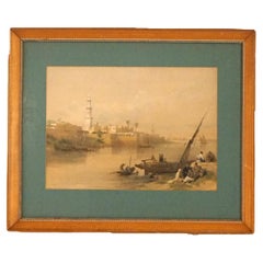 Stampa antica firmata da David Roberts "Vista del Nilo - Traghetto per Gizeh" del XIX secolo