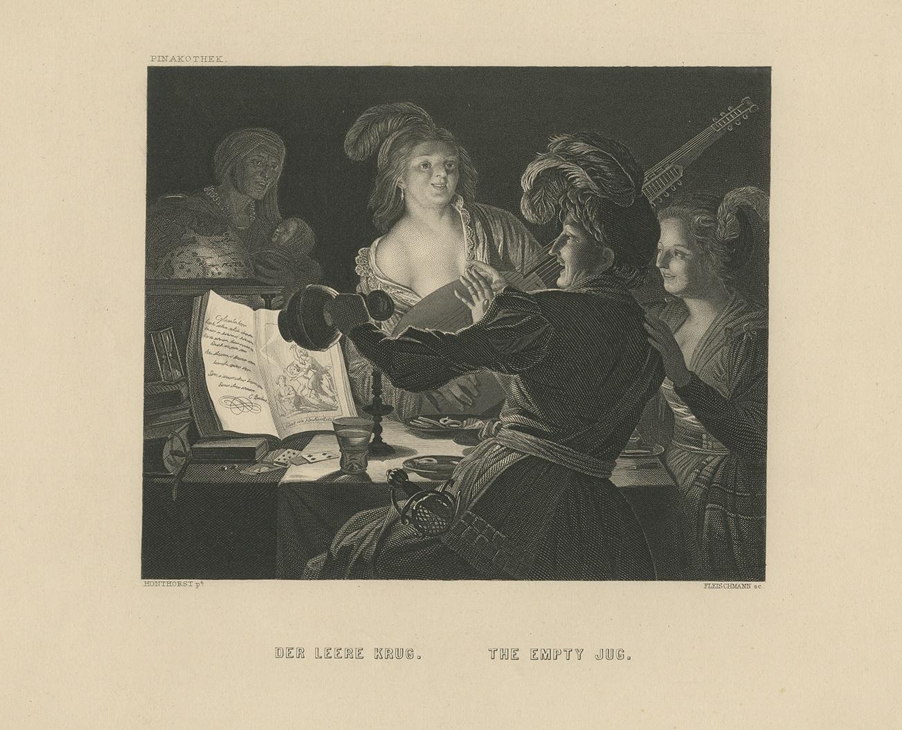 Antique print tiled 'Der Leere Krug - The Empty Jug'. Steel engraving showing a man holding an empty jug, a woman resting her hand on his shoulder, a woman playing the guitar and a biblical scene. Made after the painting by Gerrit van Honthorst.