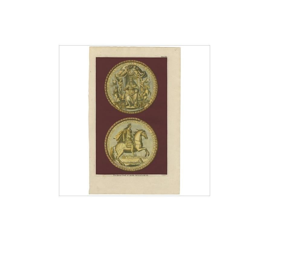 Antique print titled 'The Great Seal of King William III'. Seal of King William III. This print originates from 'The History Of England, With The Continuation From The Revolution To The Accession Of King George II, Summary And Lists' by Mr. Rapin De