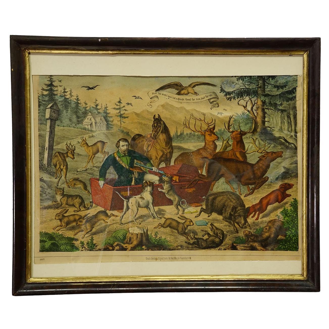 Gravure ancienne "L'éveil du chasseur", Allemagne, fin du XIXe siècle
