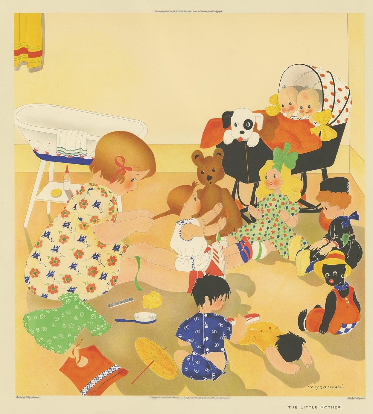 Antique print titled 'The little Mother'. This print depicts a child playing with her dolls. Created by Willy Schermelé, a Dutch illustrator for women and children. Printed in England.