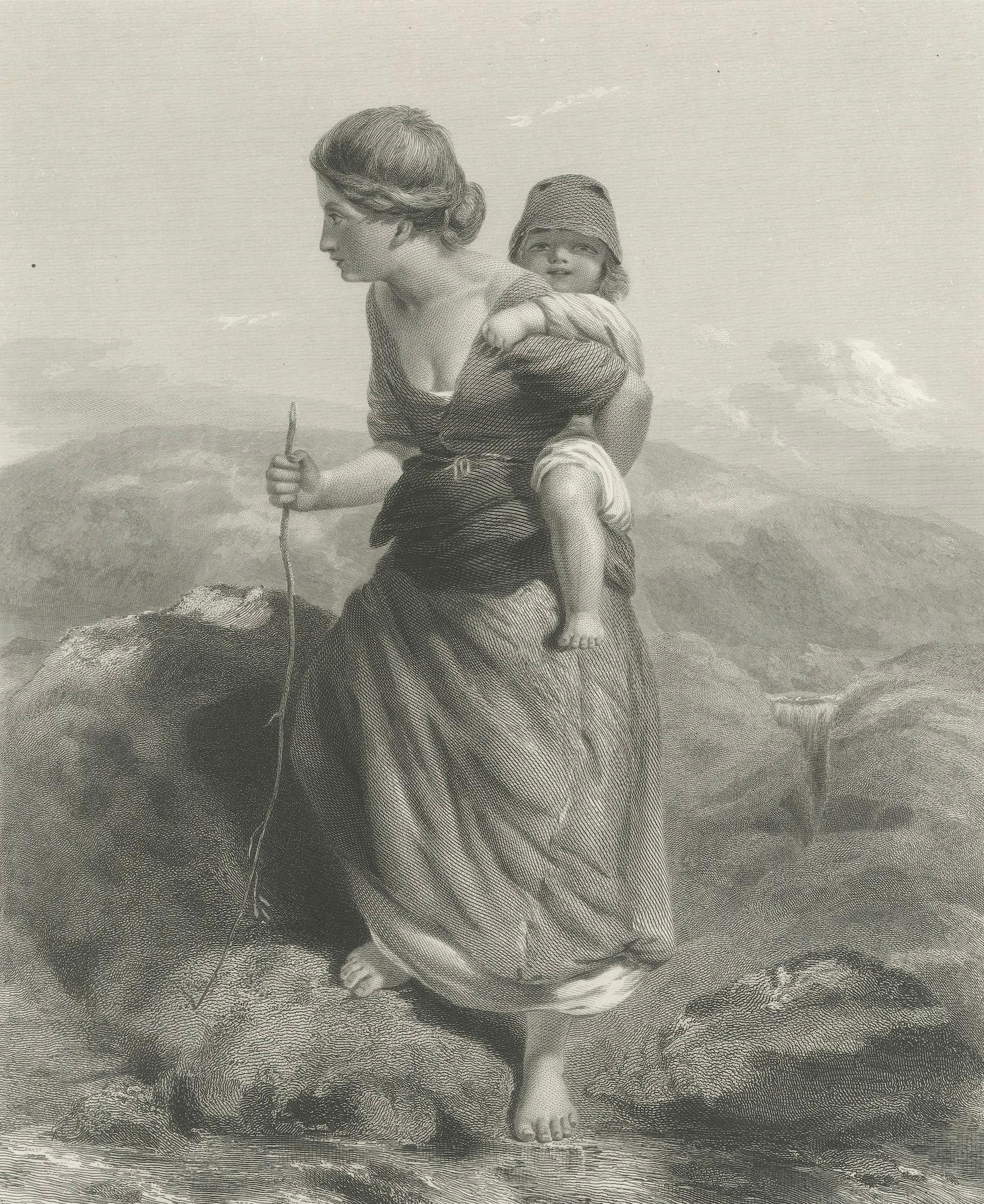 Grabado antiguo - El montañero con el niño - Poole & Garner - c.1870 siglo XIX en venta