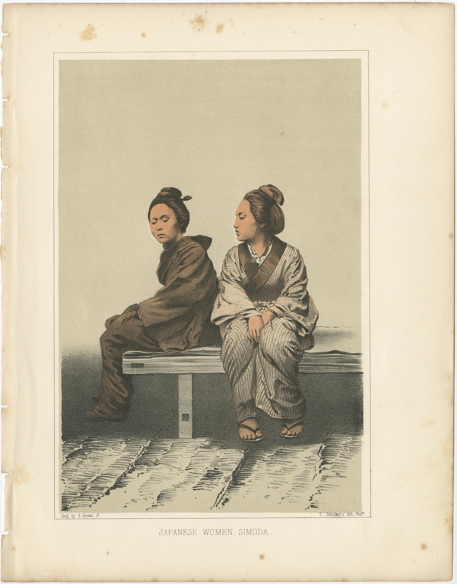 Antique print titled 'Japanese Women, Simoda‘. 

Portrait of two Japanese women, full-length, seated on a bench or raised sleeping area. This print originates from 'Narrative of the expedition of an American squadron to the China seas and Japan,